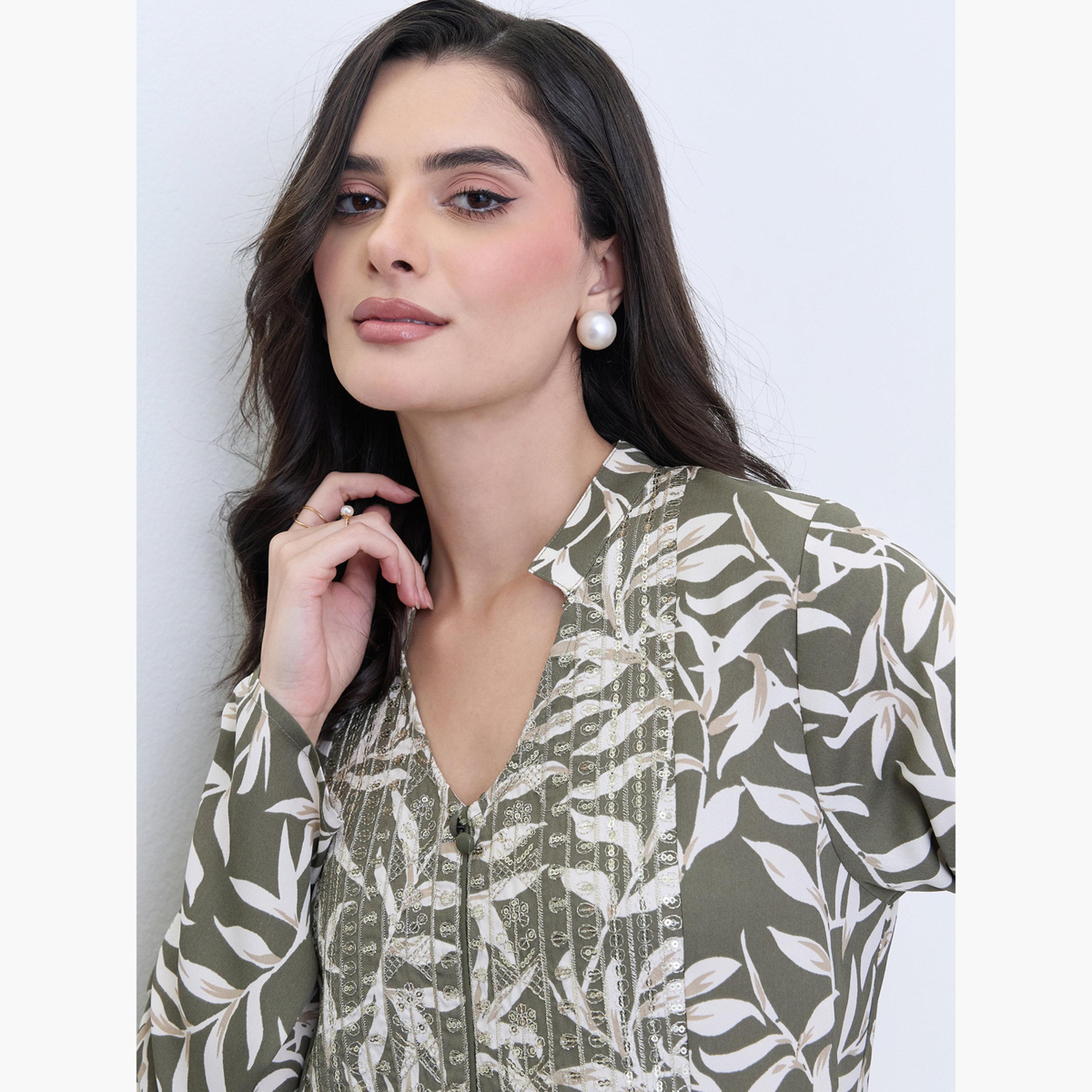 عباية بطبعة أوراق شجر بقصة واسعة-women-arabicclothing-abayas-image-4