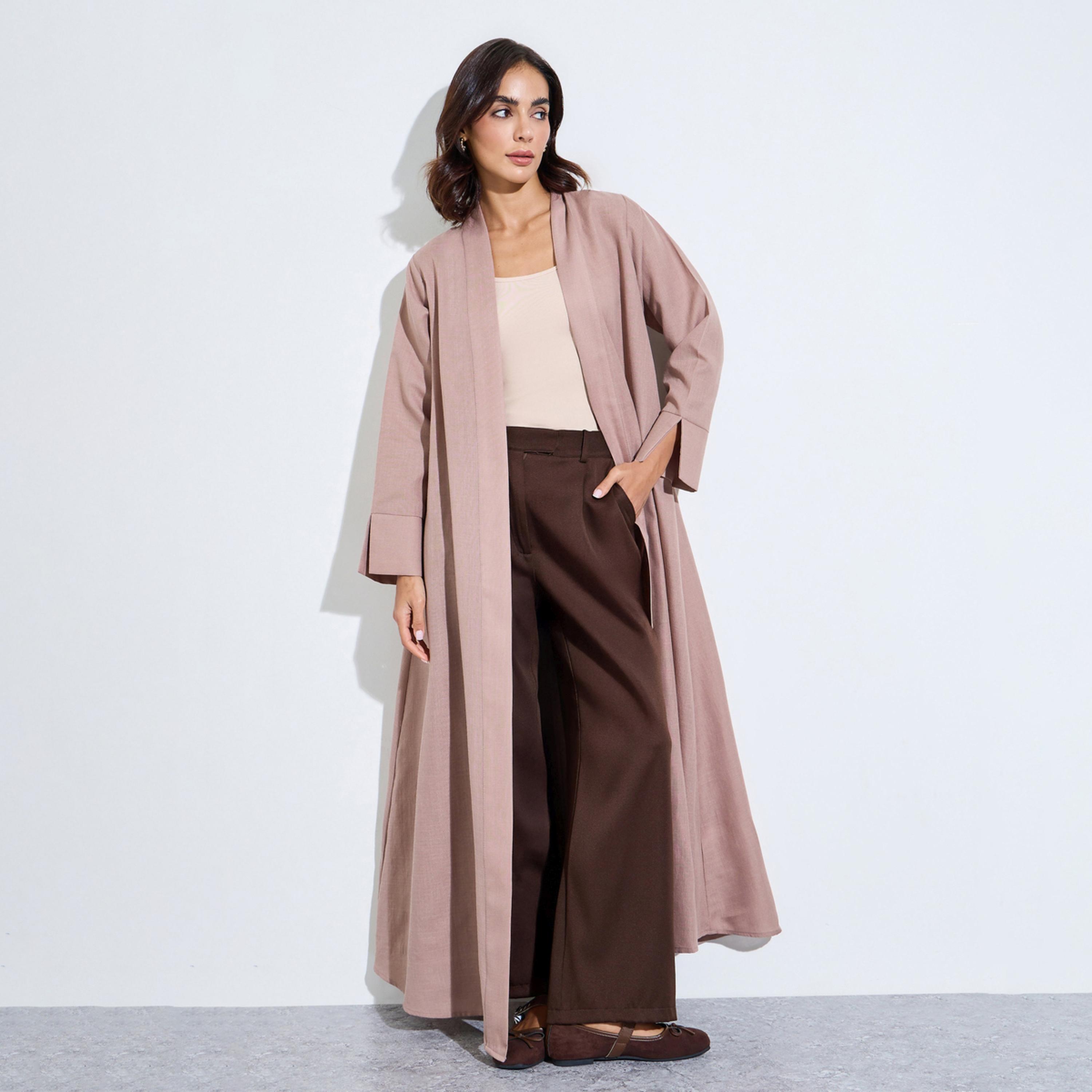 Amirah X Styli Khaki Linen Look Front Open Abaya-women-arabicclothing-abayas-image-1