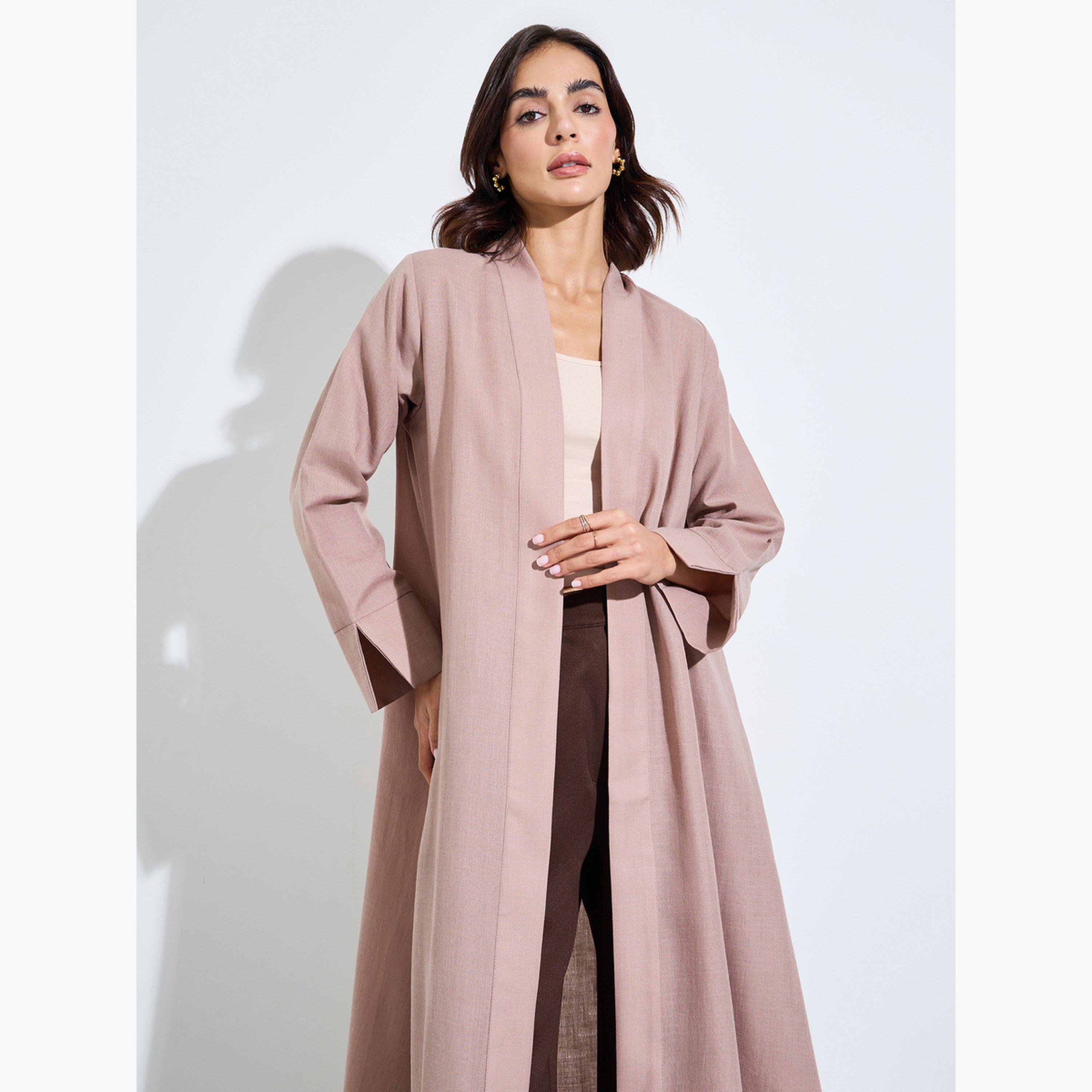Amirah X Styli Khaki Linen Look Front Open Abaya-women-arabicclothing-abayas-image-2