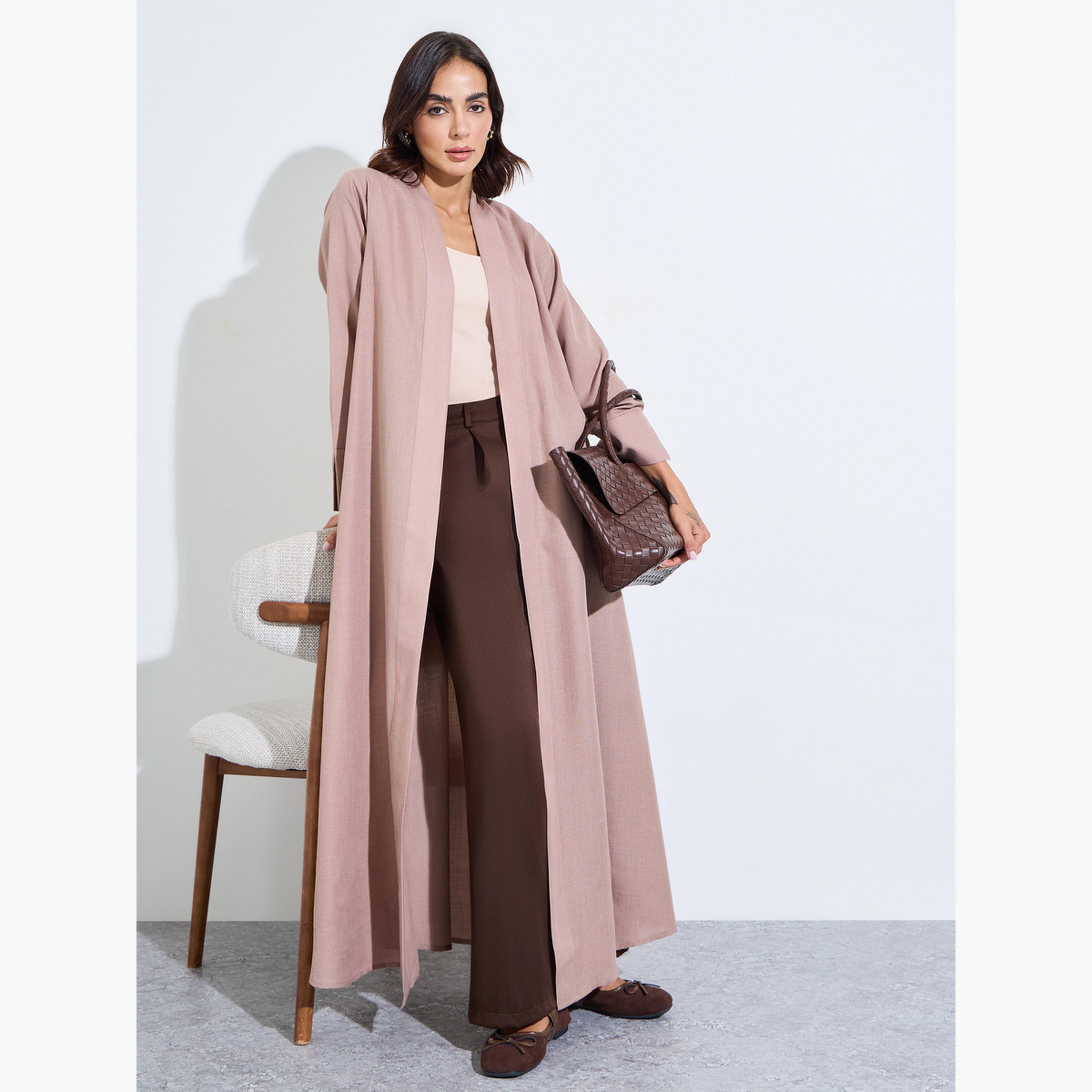 Amirah X Styli Khaki Linen Look Front Open Abaya-women-arabicclothing-abayas-image-3