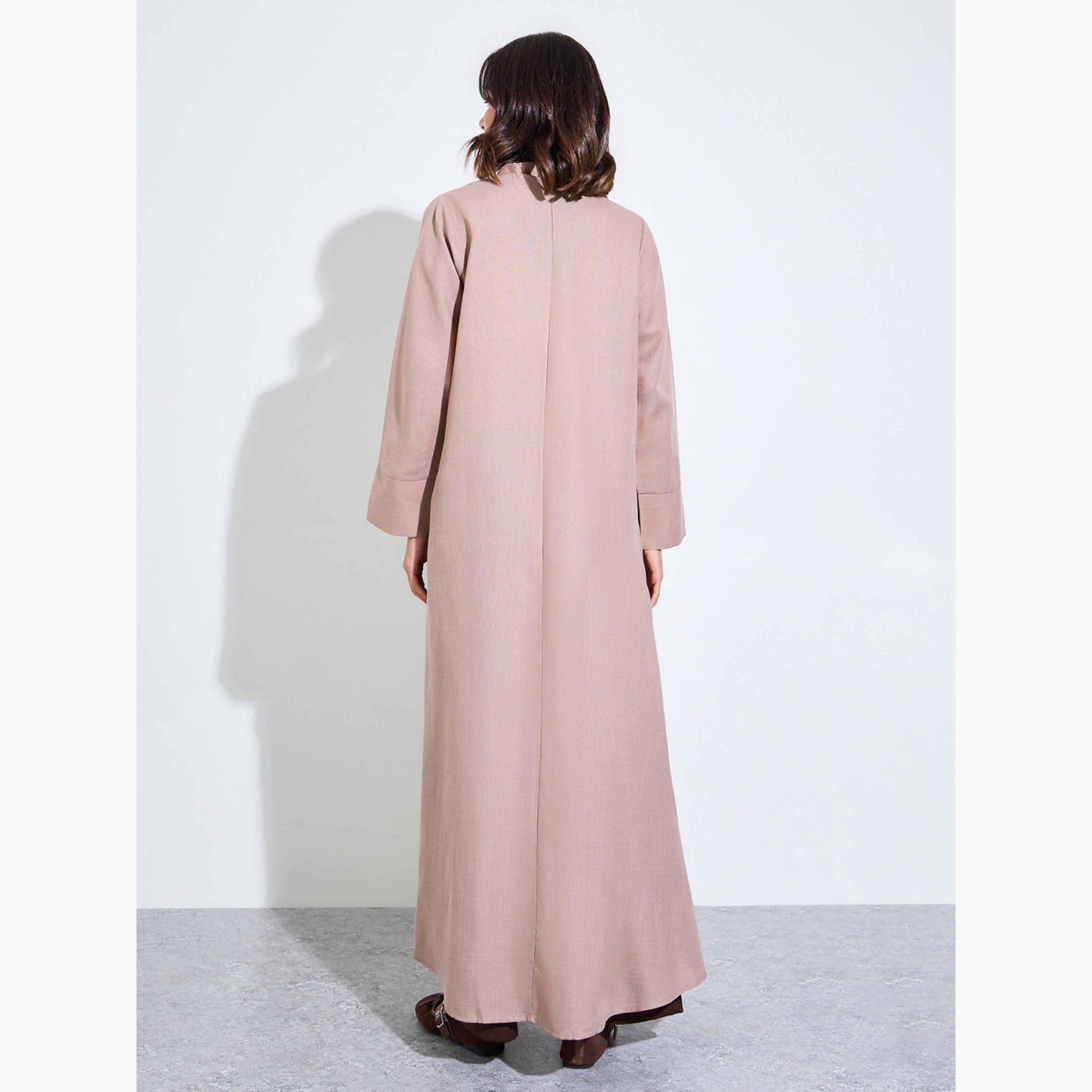 Amirah X Styli Khaki Linen Look Front Open Abaya-women-arabicclothing-abayas-image-4