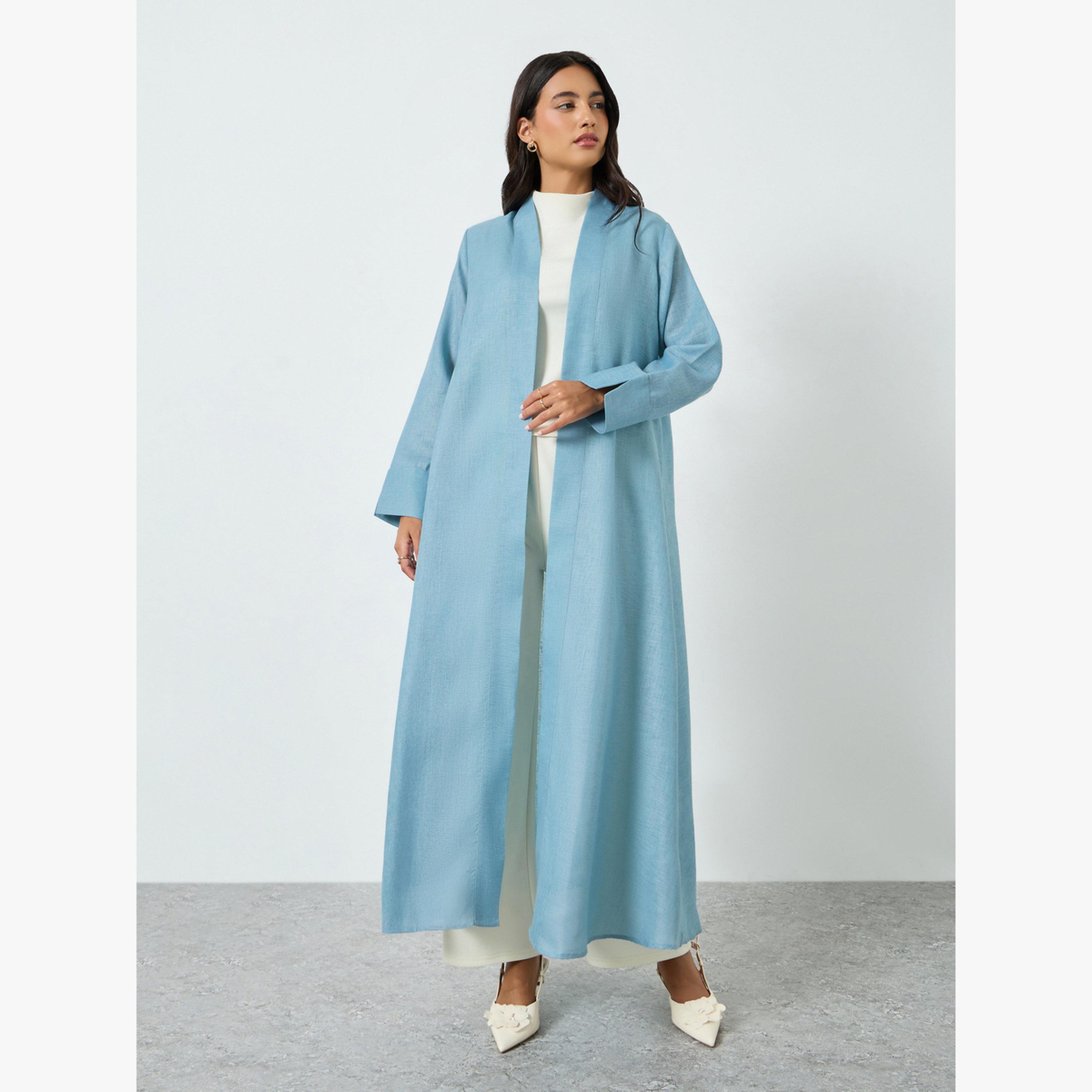 Styli Blue Linen Look Front Open Abaya-women-arabicclothing-abayas-image-1