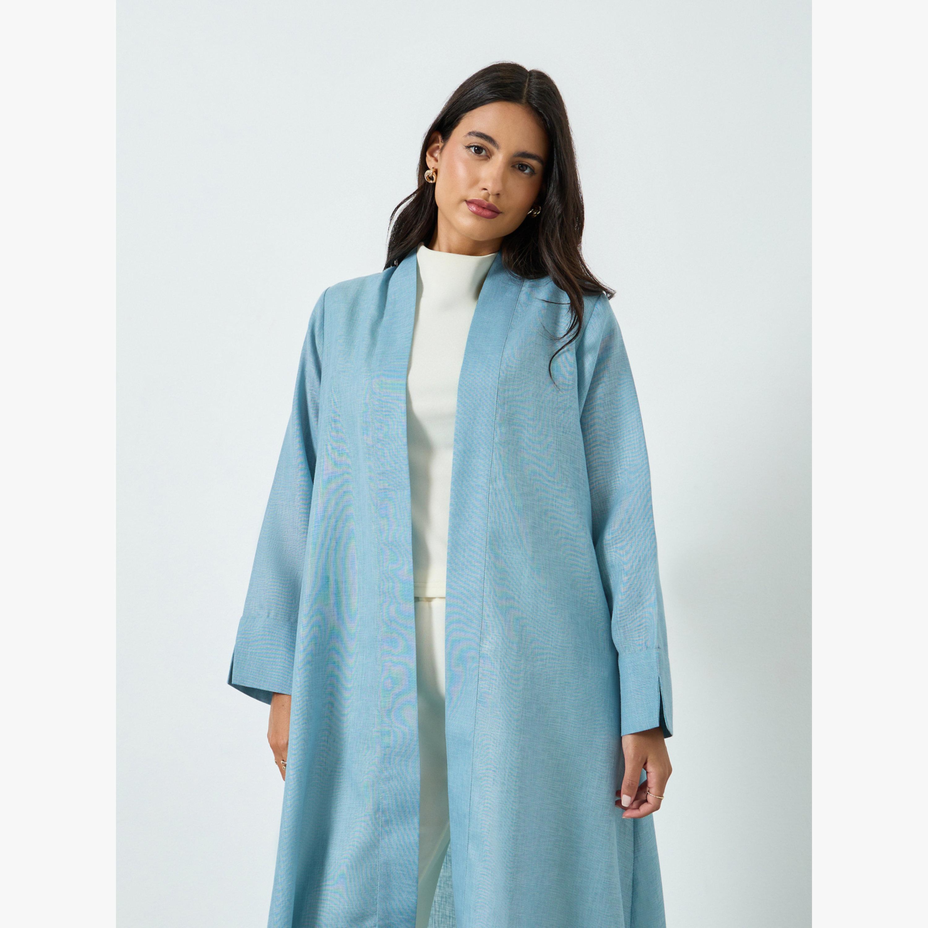 Styli Blue Linen Look Front Open Abaya-women-arabicclothing-abayas-image-2