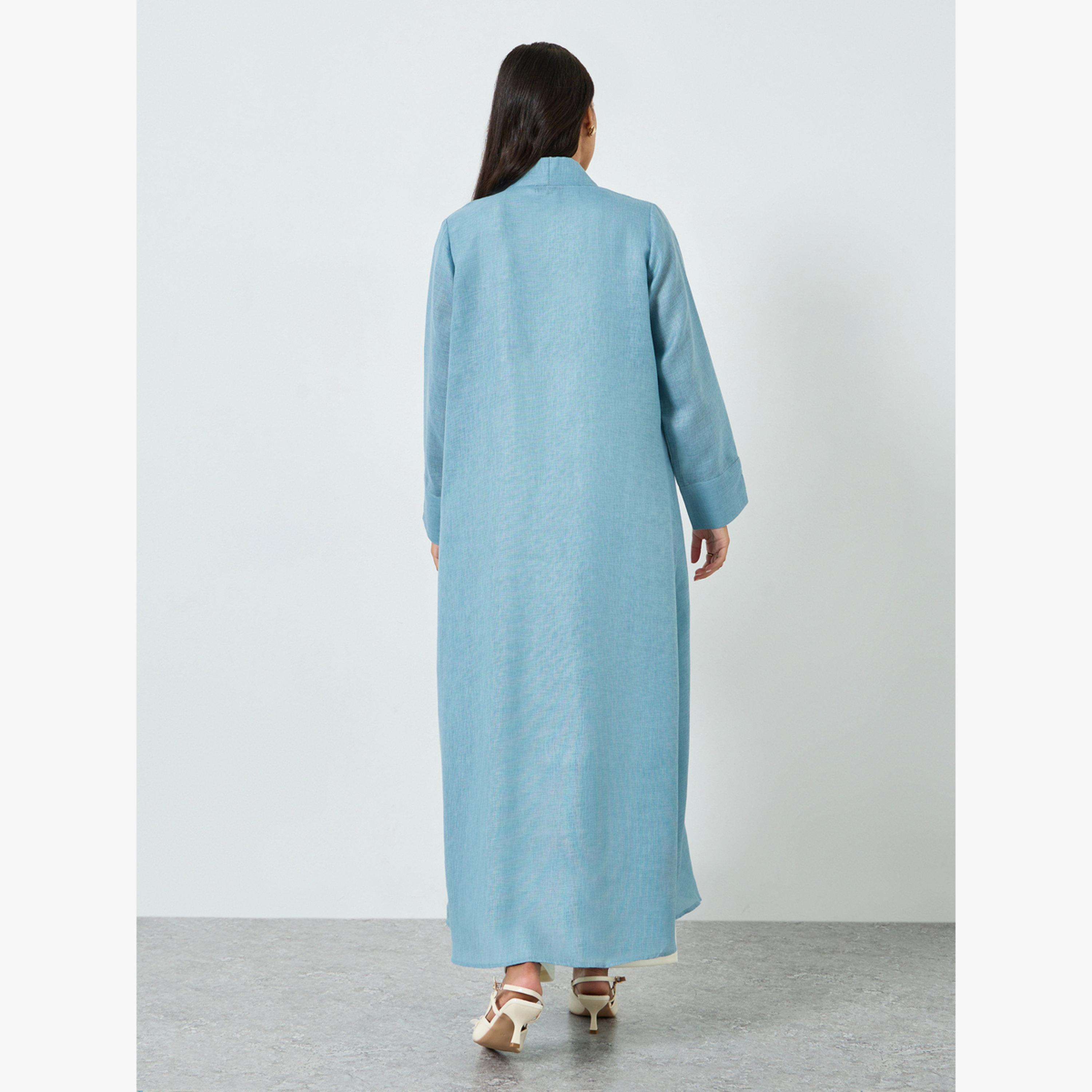 Styli Blue Linen Look Front Open Abaya-women-arabicclothing-abayas-image-4