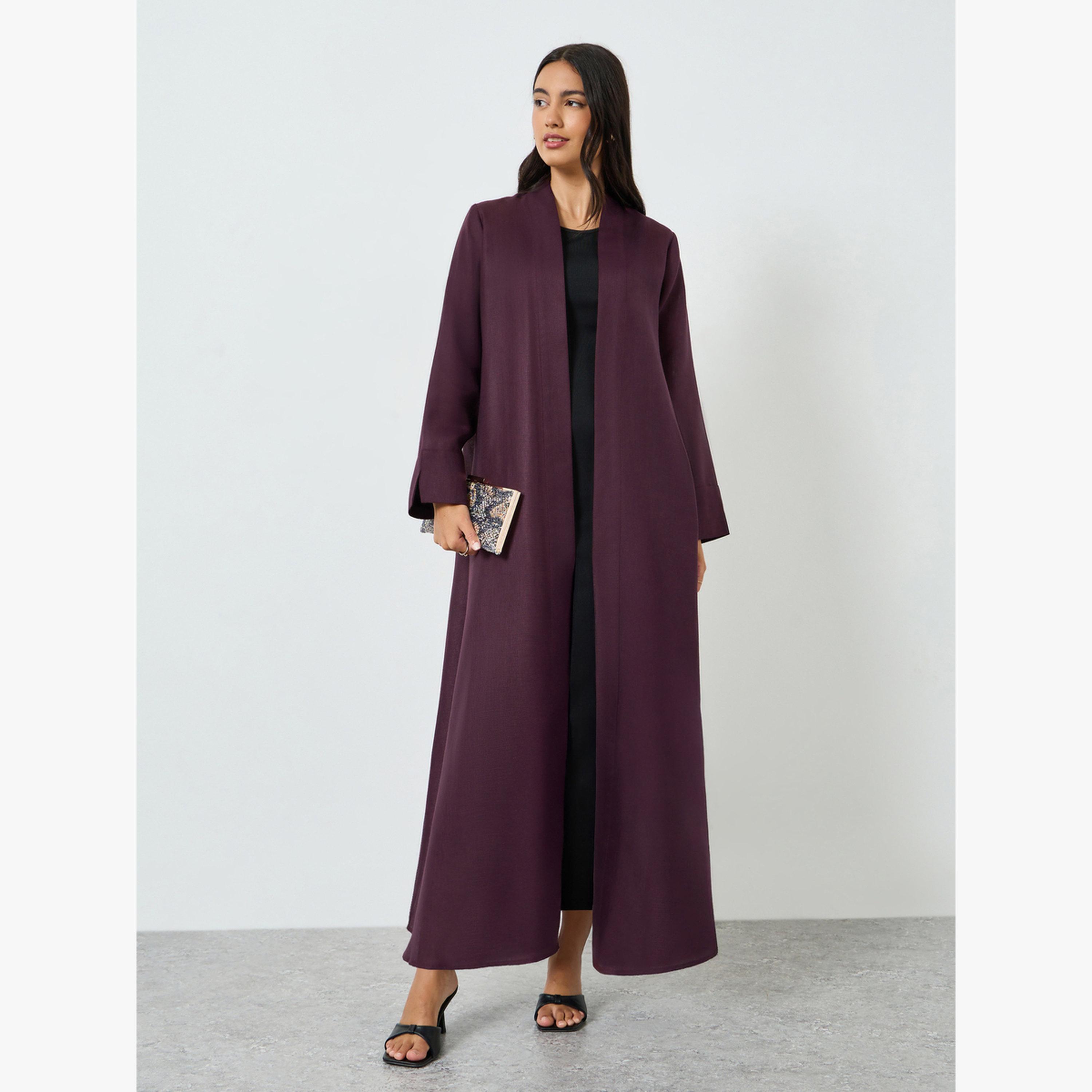 Styli Purple Linen Look Front Open Abaya-women-arabicclothing-abayas-image-1