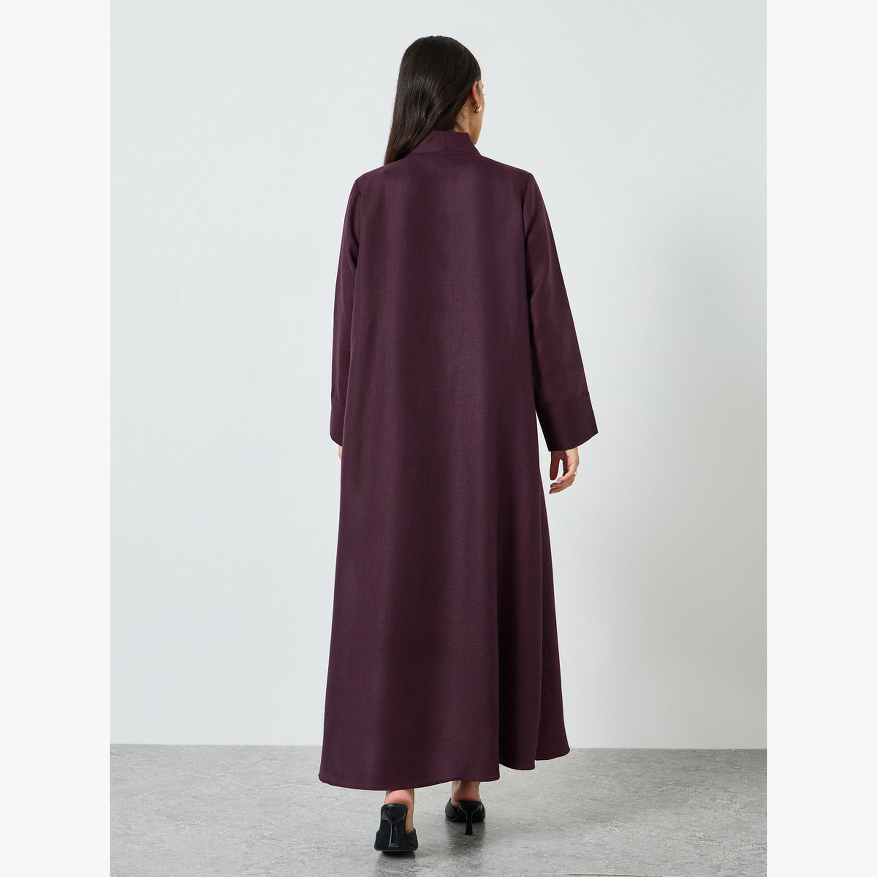 Styli Purple Linen Look Front Open Abaya-women-arabicclothing-abayas-image-4