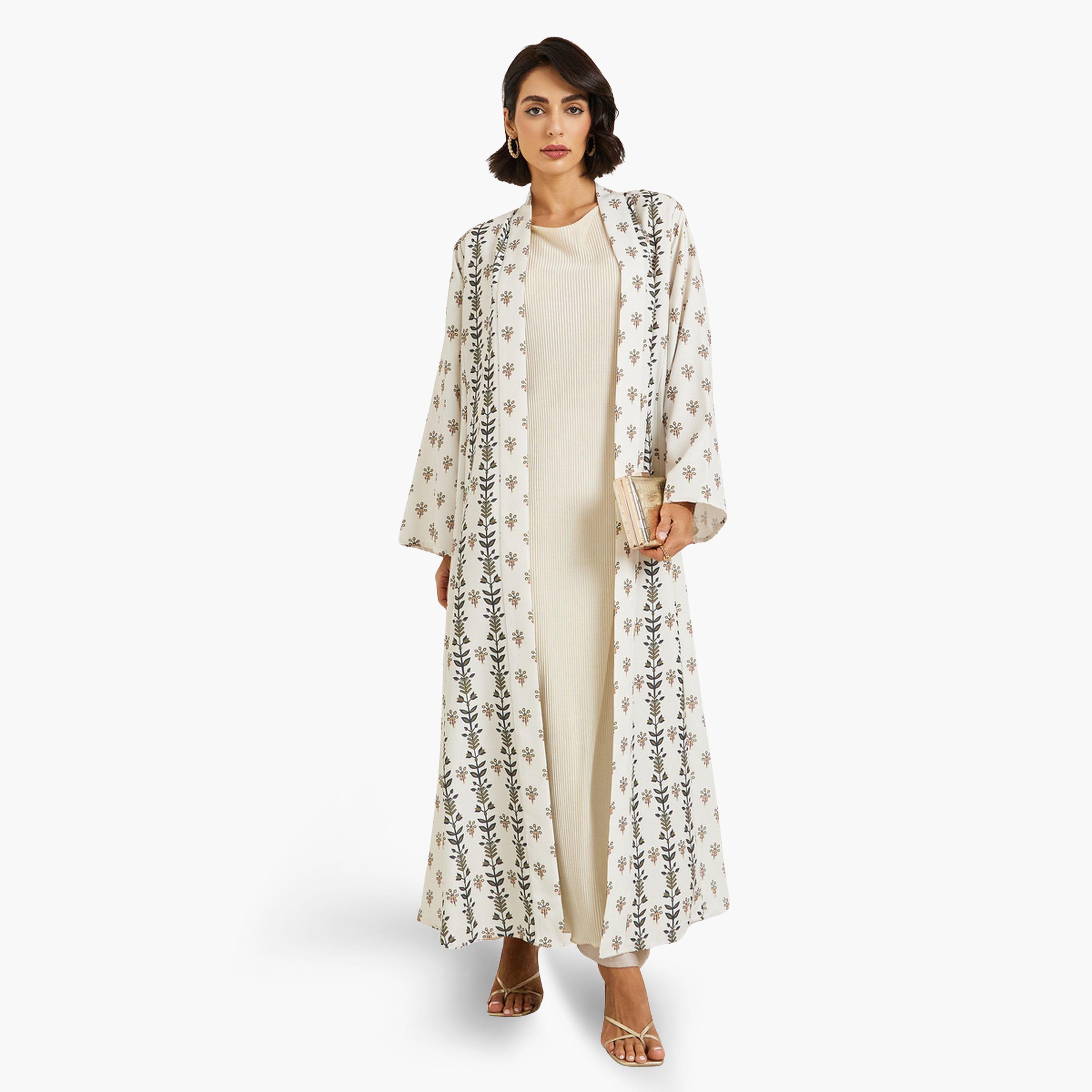 Styli Women Cream All-Over Printed Open Front Abaya-women-arabicclothing-abayas-image-1