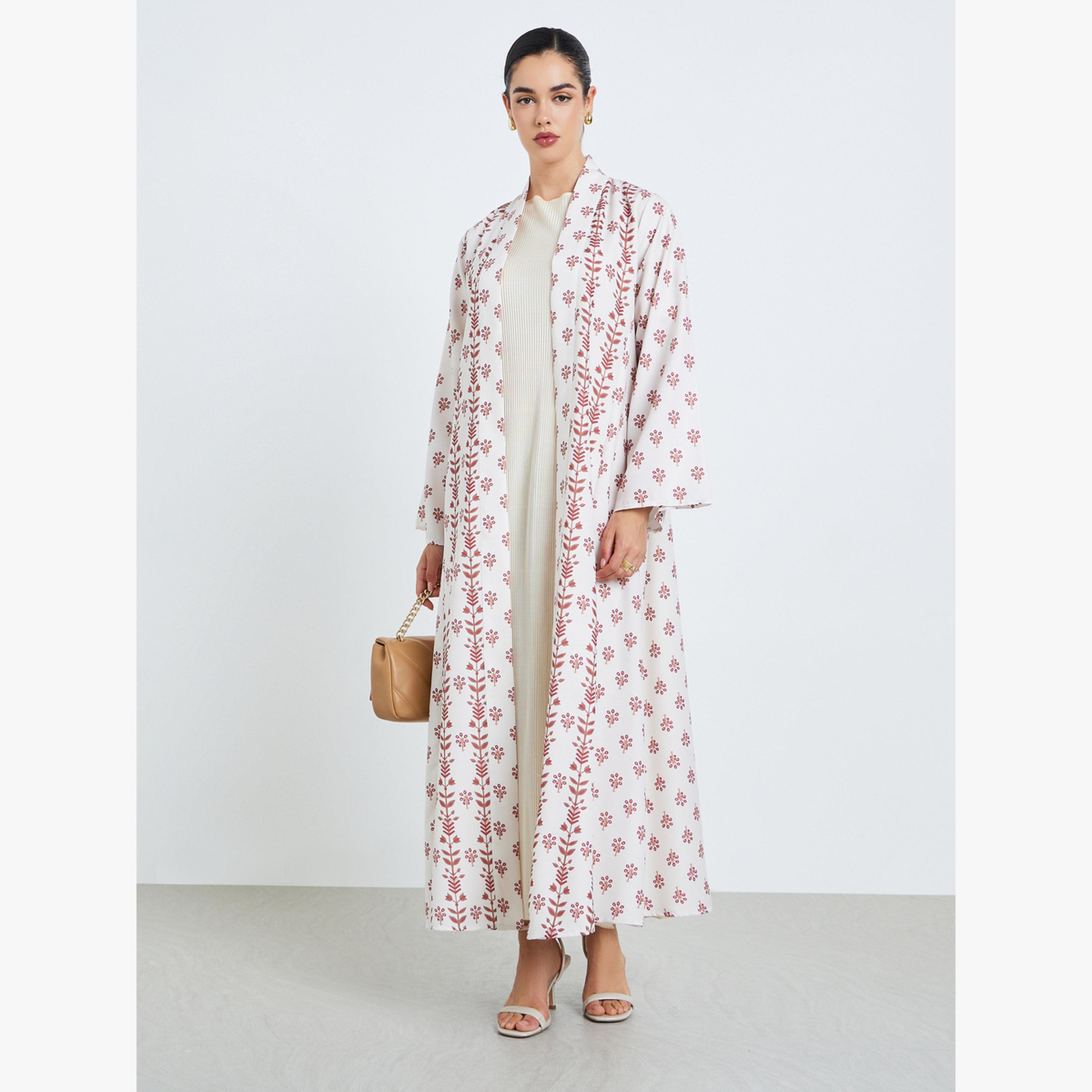 Styli Light Pink All-Over Print Open Front Abaya-women-arabicclothing-abayas-image-1