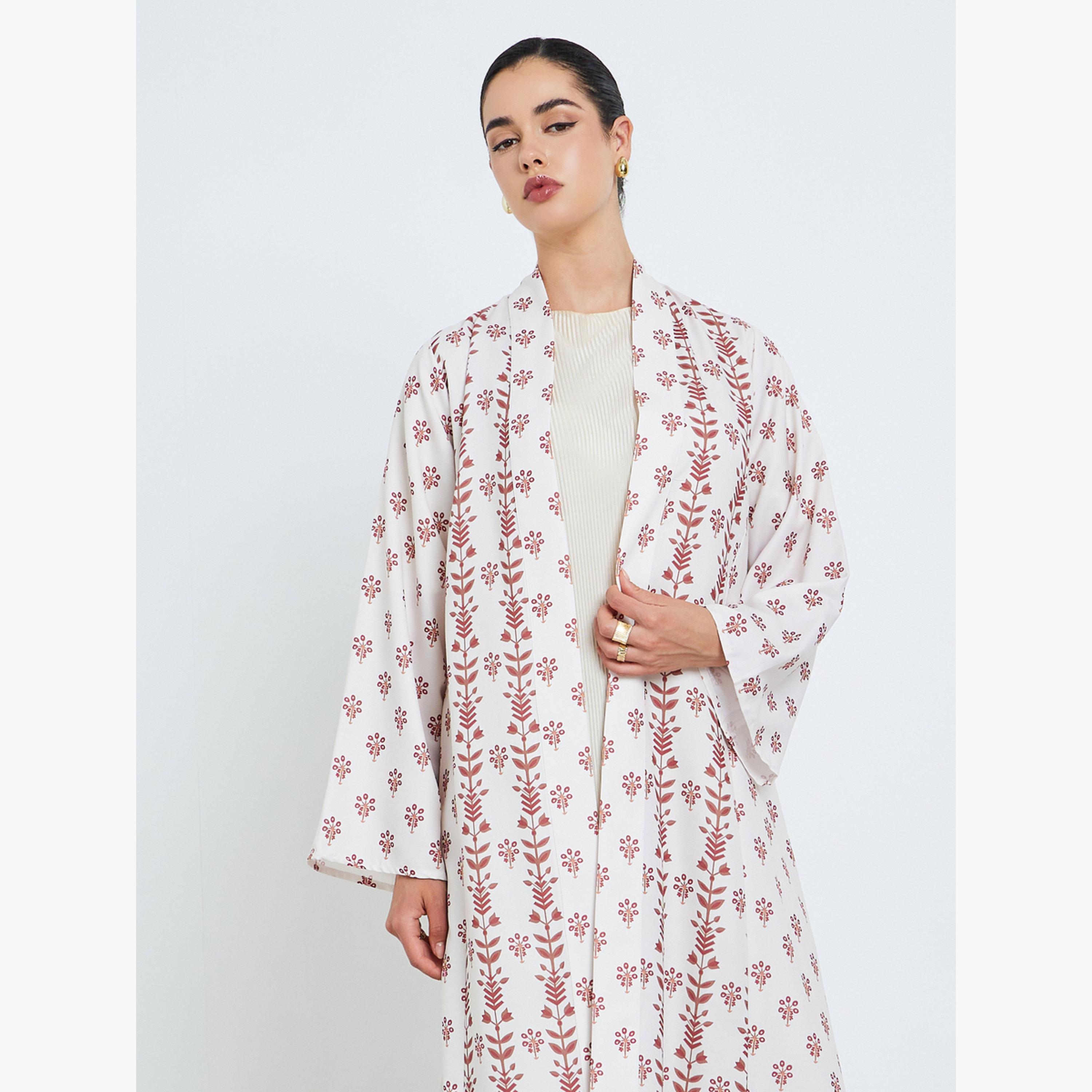 Styli Light Pink All-Over Print Open Front Abaya-women-arabicclothing-abayas-image-2