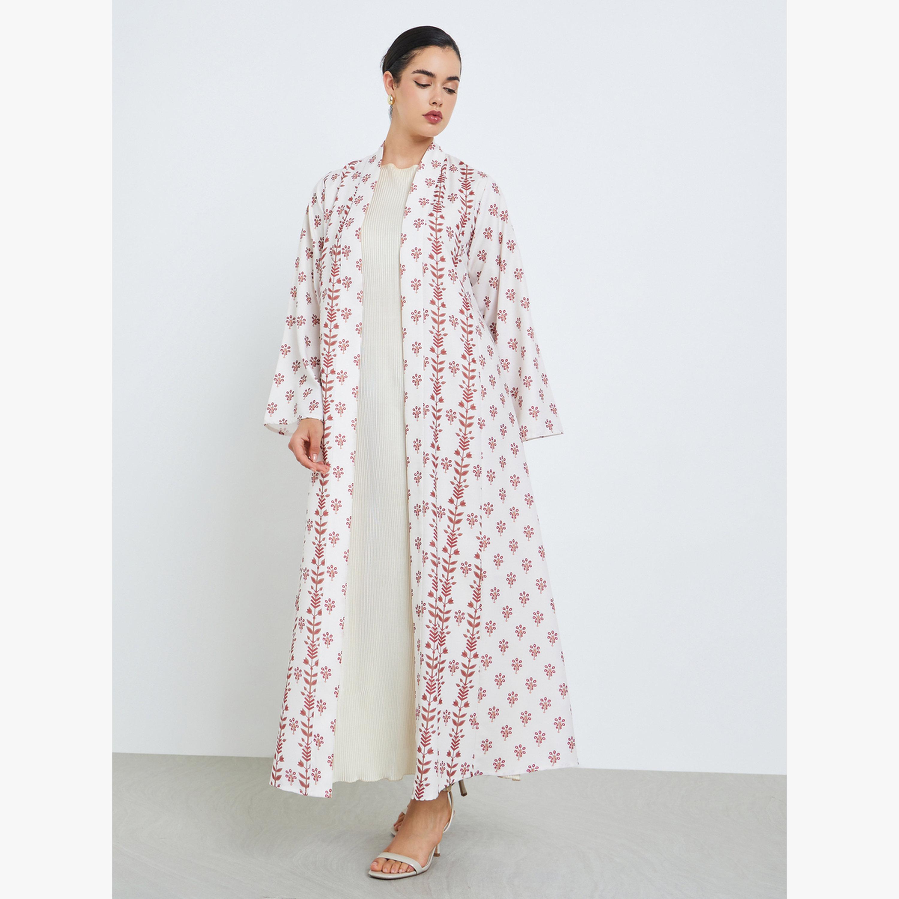 Styli Light Pink All-Over Print Open Front Abaya-women-arabicclothing-abayas-image-3