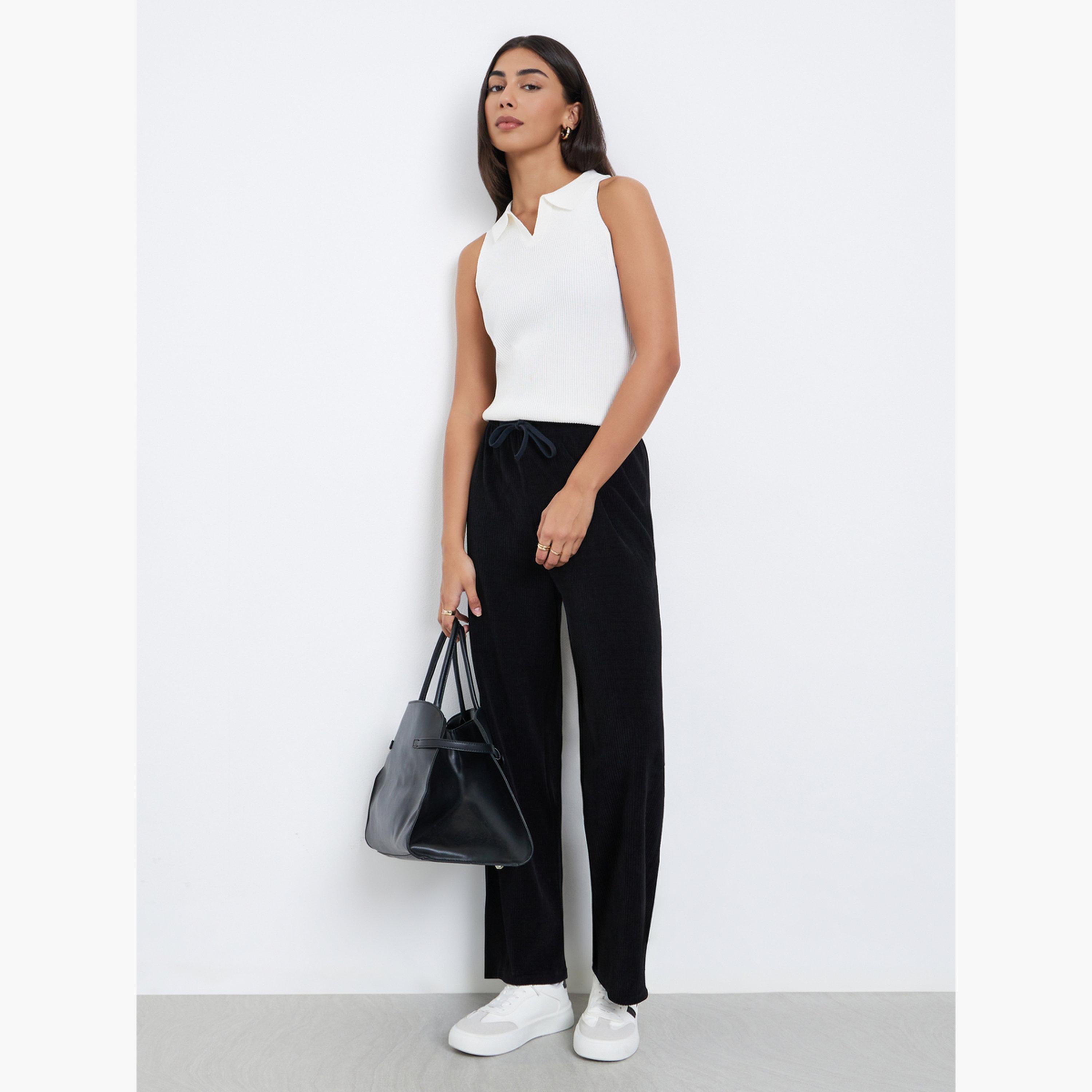 Styli Women Black Straight Leg Corduroy Pants-women-clothing-bottoms-trousers-image-2