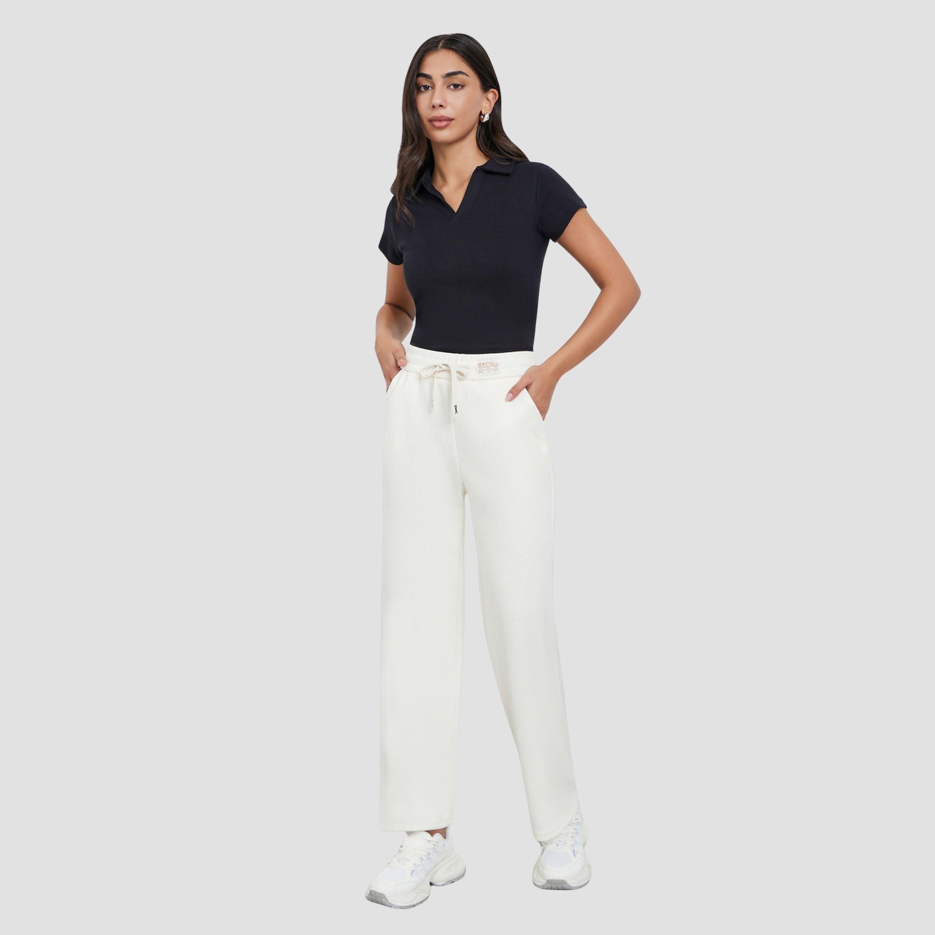 Styli Women Beige Solid Wide Leg Pants with Drawstring-women-clothing-bottoms-trousers-image-2