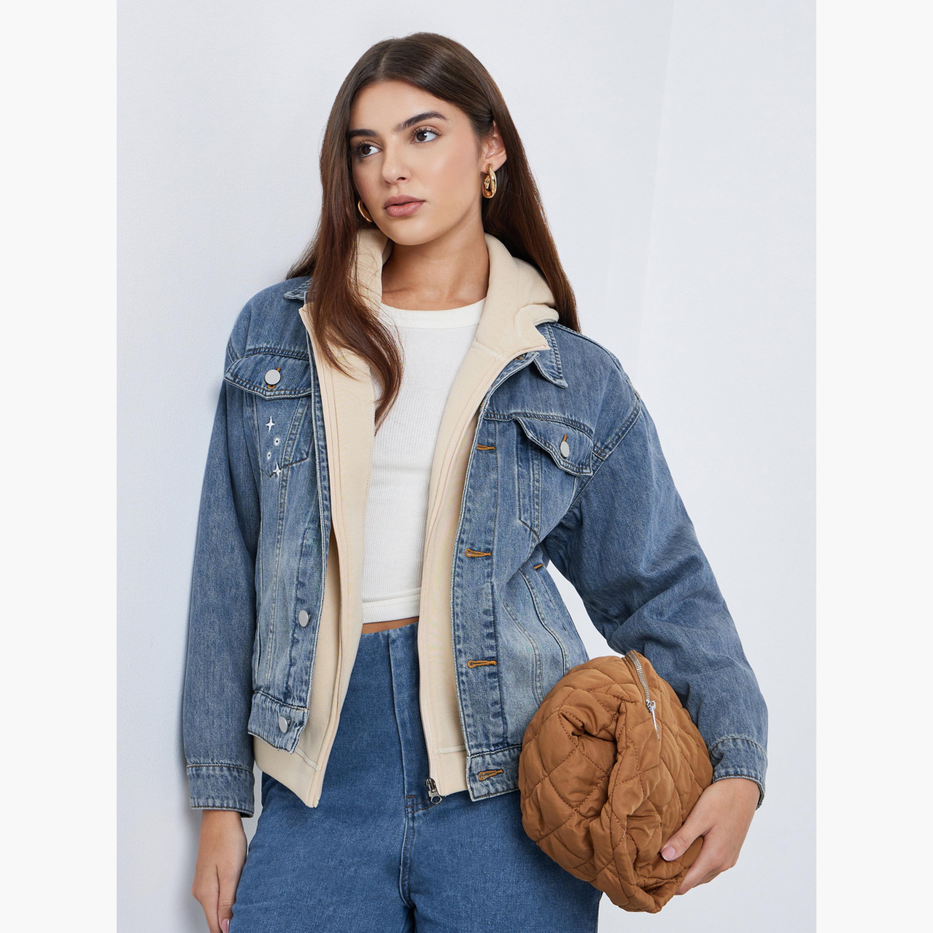 Styli Solid Collared Long Sleeves Women's Button Through Denim Jacket-women-winterwear-coatsandjackets-jackets-image-1