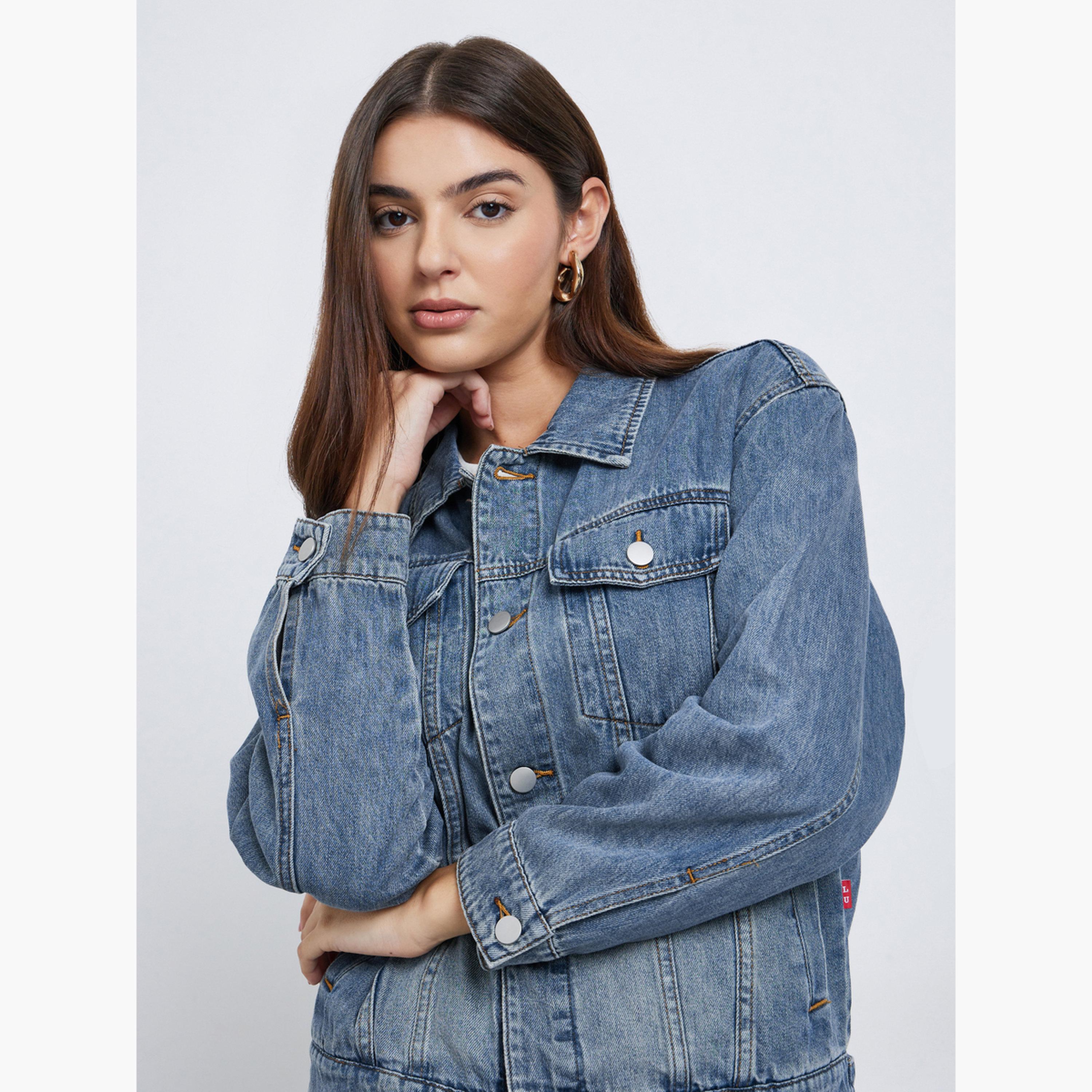 Styli Solid Collared Long Sleeves Women's Button Through Denim Jacket-women-winterwear-coatsandjackets-jackets-image-4