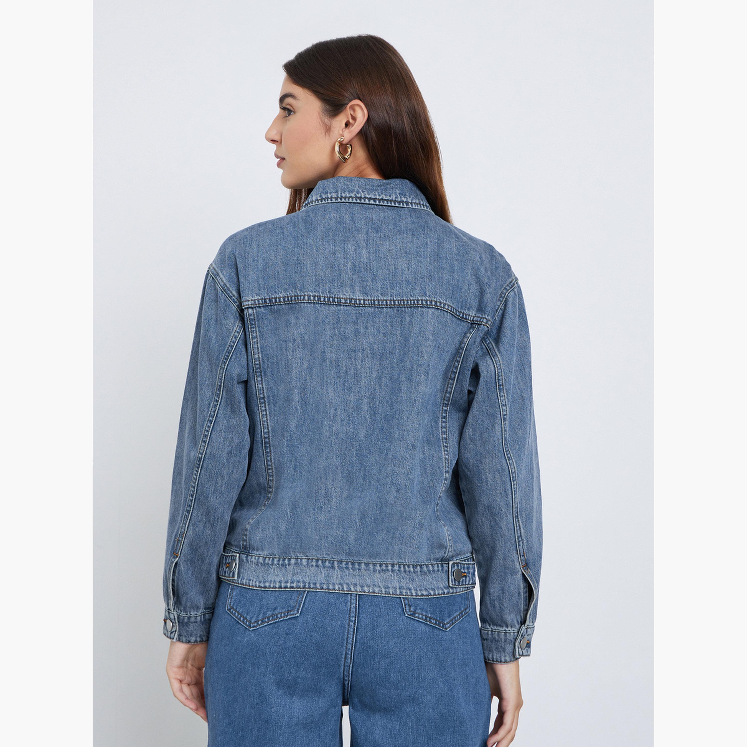 Styli Solid Collared Long Sleeves Women's Button Through Denim Jacket-women-winterwear-coatsandjackets-jackets-image-5