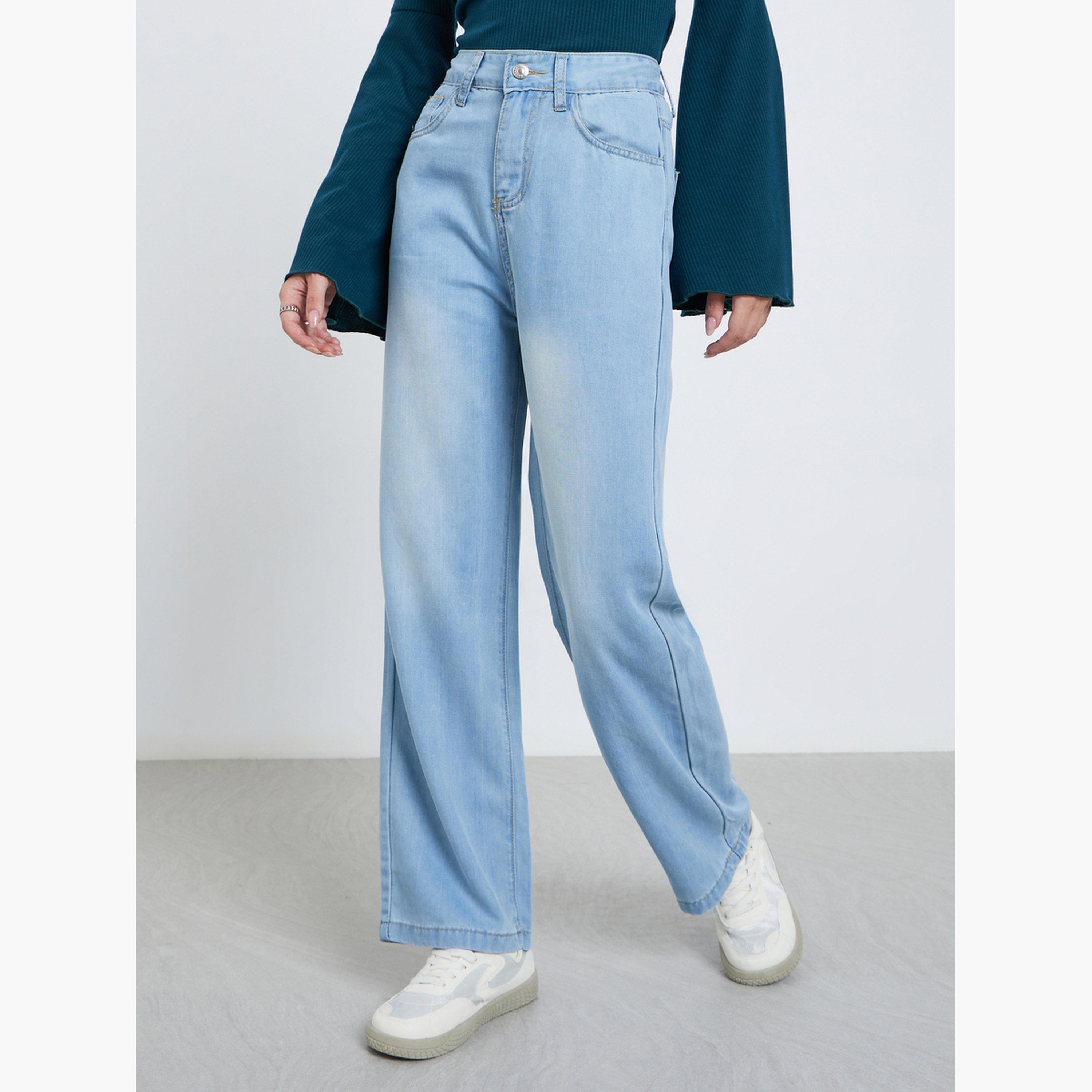 ستايلي - بنطال جينز أزرق خصر متوسط الارتفاع وساق مستقيمة للنساء-women-clothing-bottoms-jeans-image-1