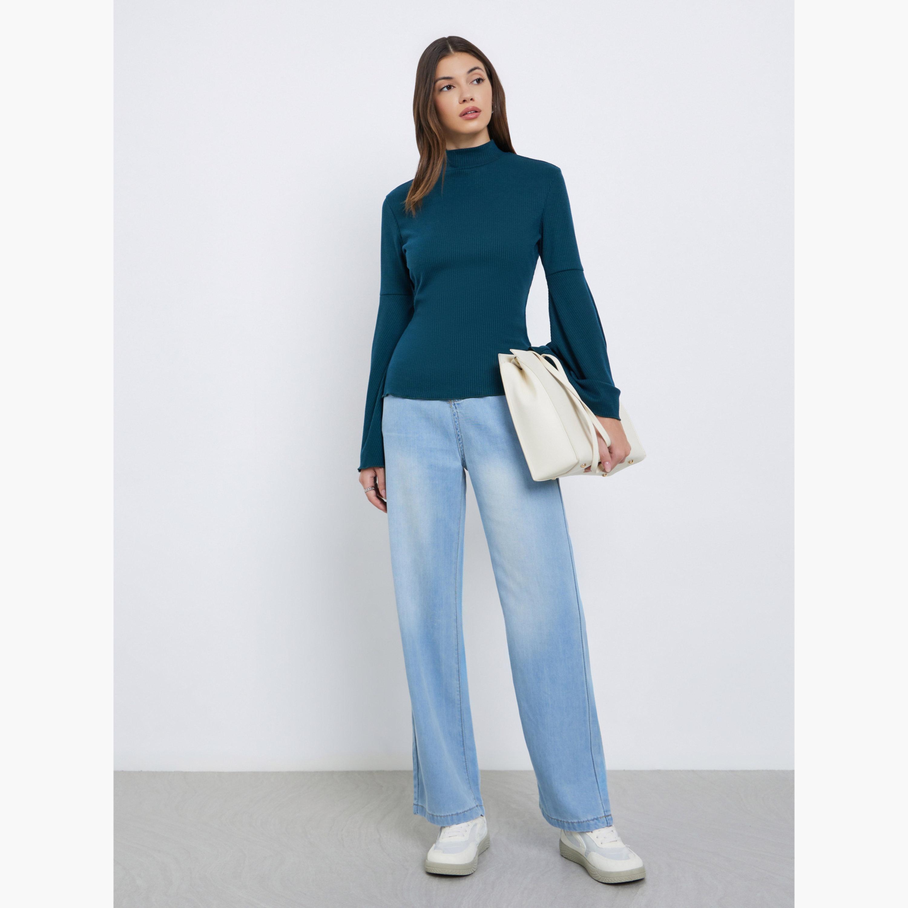 ستايلي - بنطال جينز أزرق خصر متوسط الارتفاع وساق مستقيمة للنساء-women-clothing-bottoms-jeans-image-2