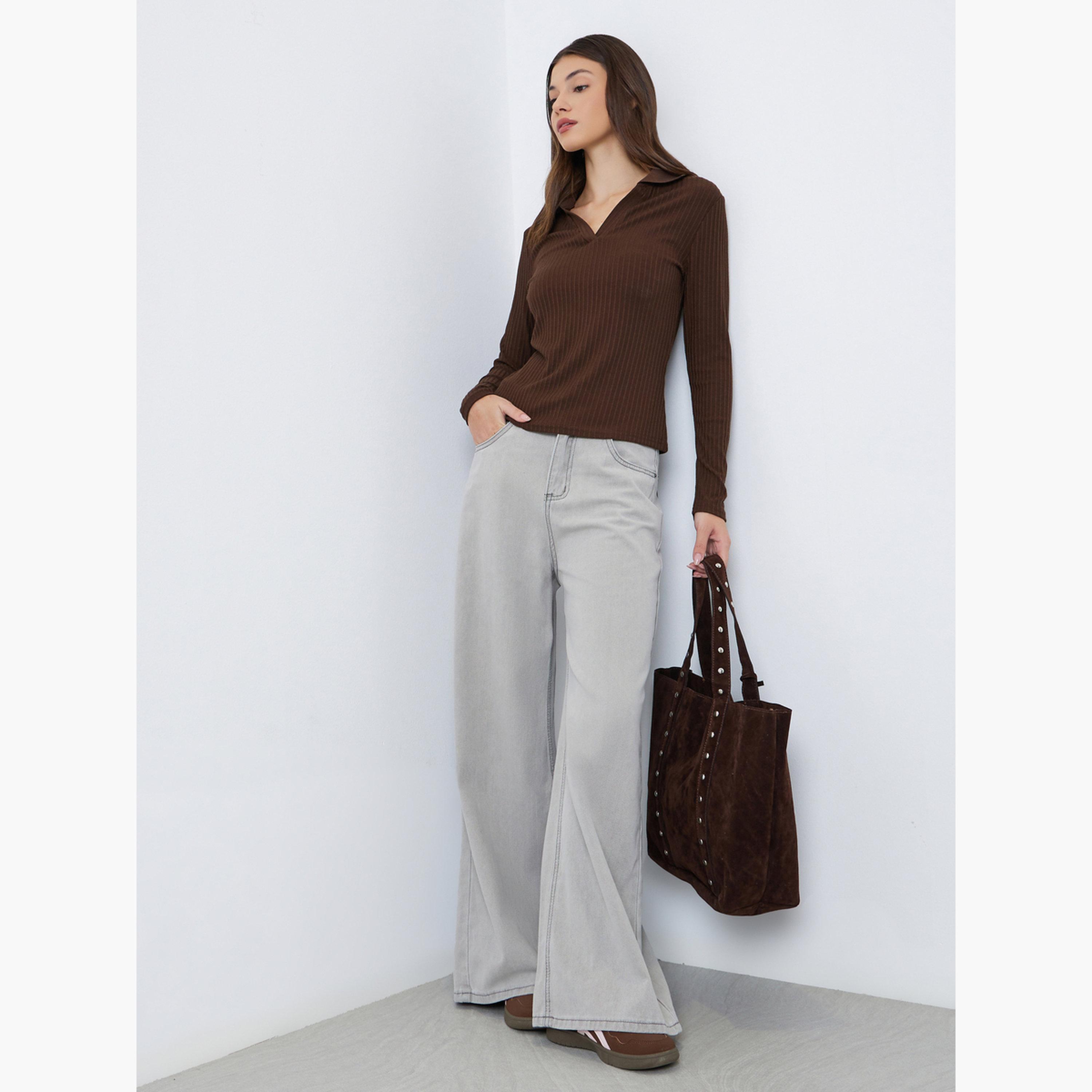 ستايلي - بنطال جينز رمادي خصر متوسط الارتفاع وواسع الساق للنساء-women-clothing-bottoms-jeans-image-2