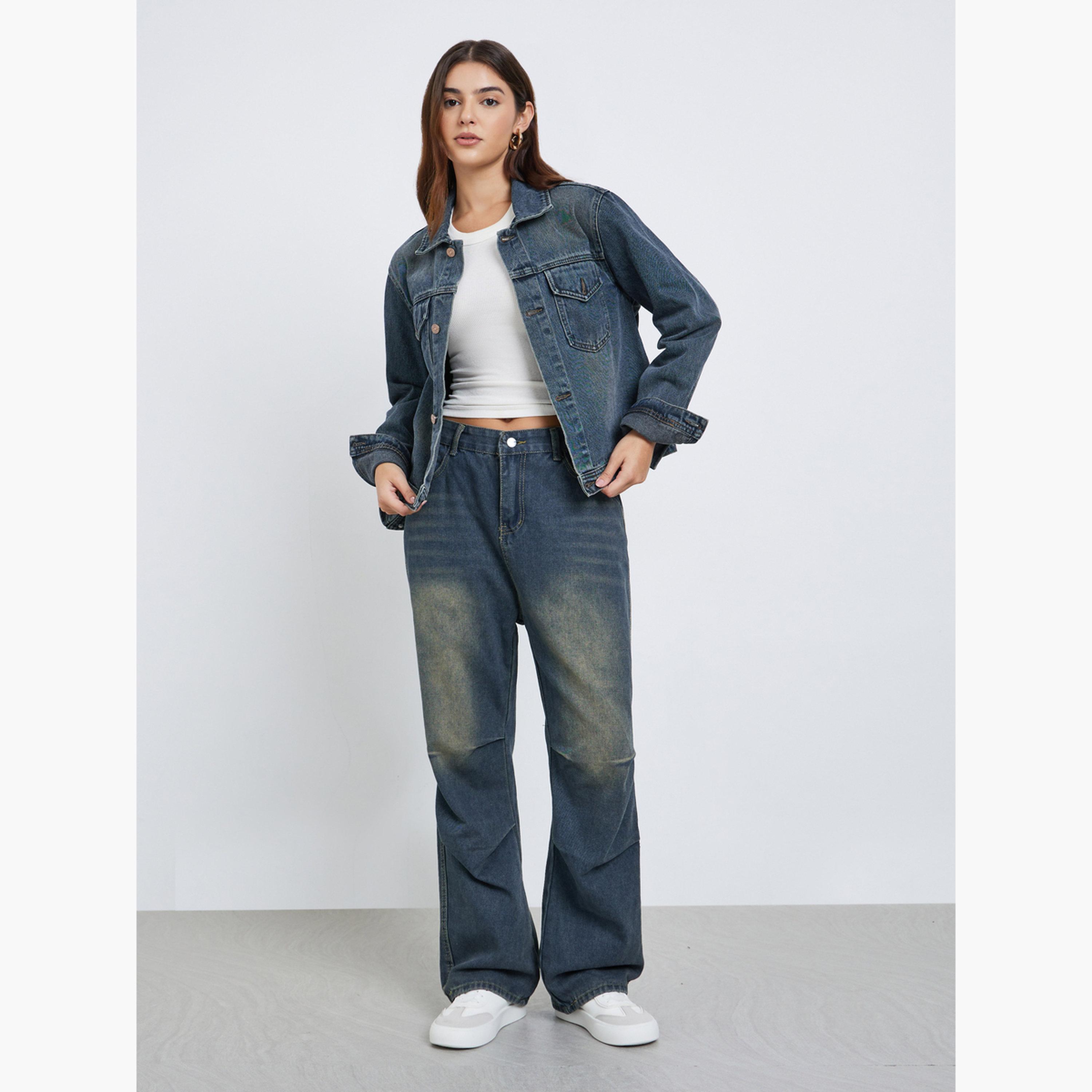 Styli Solid Collared Long Sleeves Women's Button Through Denim Jacket-women-winterwear-coatsandjackets-jackets-image-2