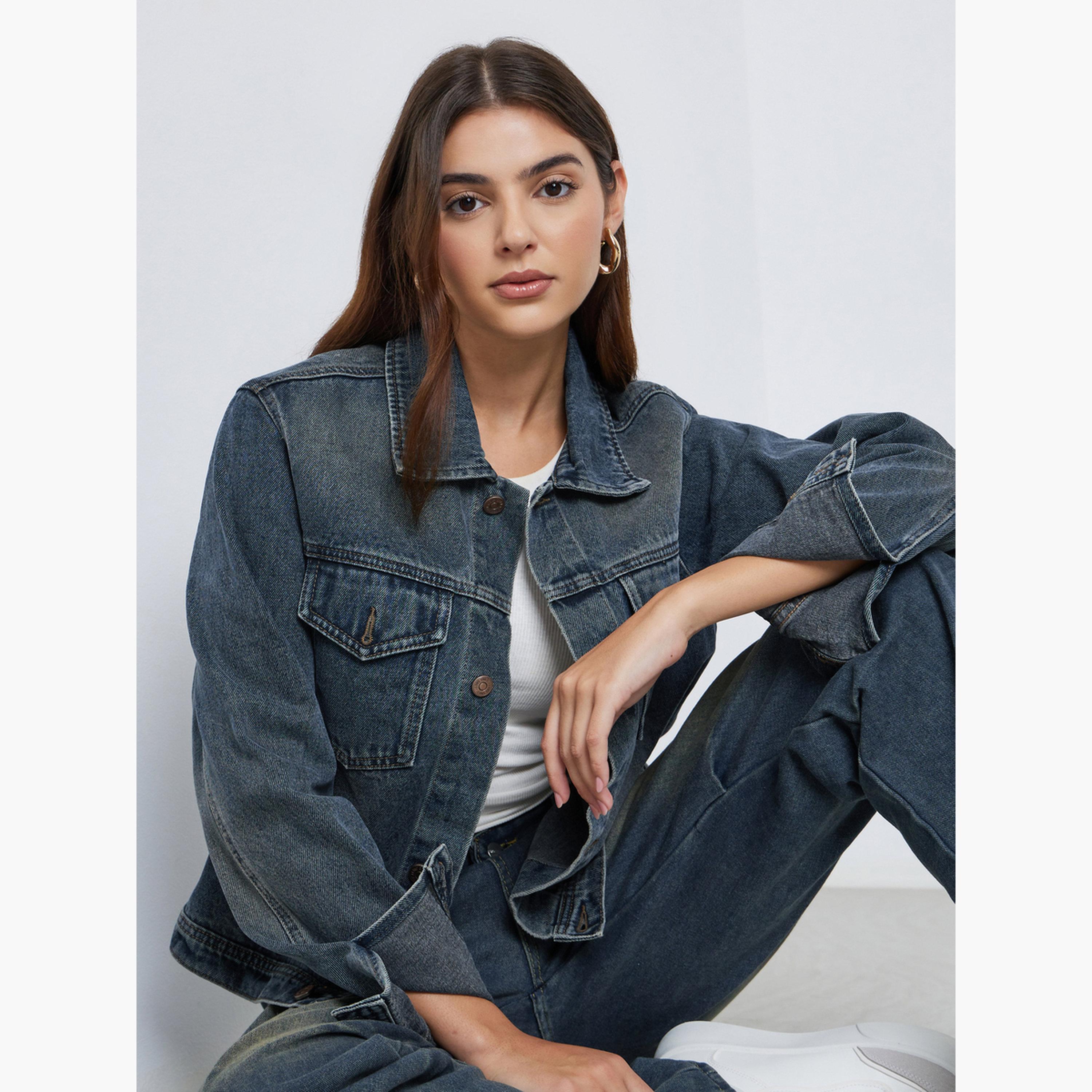 Styli Solid Collared Long Sleeves Women's Button Through Denim Jacket-women-winterwear-coatsandjackets-jackets-image-3