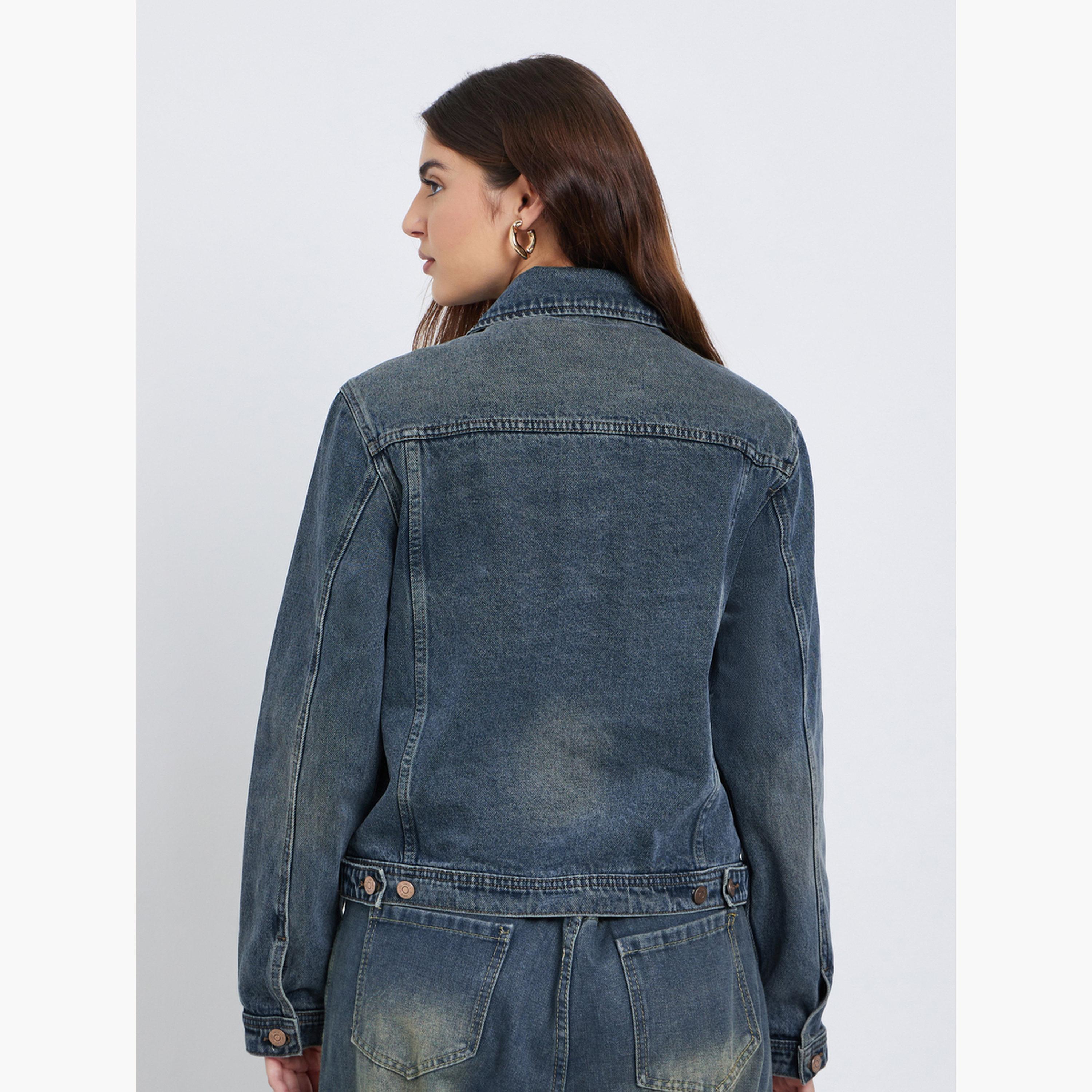 Styli Solid Collared Long Sleeves Women's Button Through Denim Jacket-women-winterwear-coatsandjackets-jackets-image-4