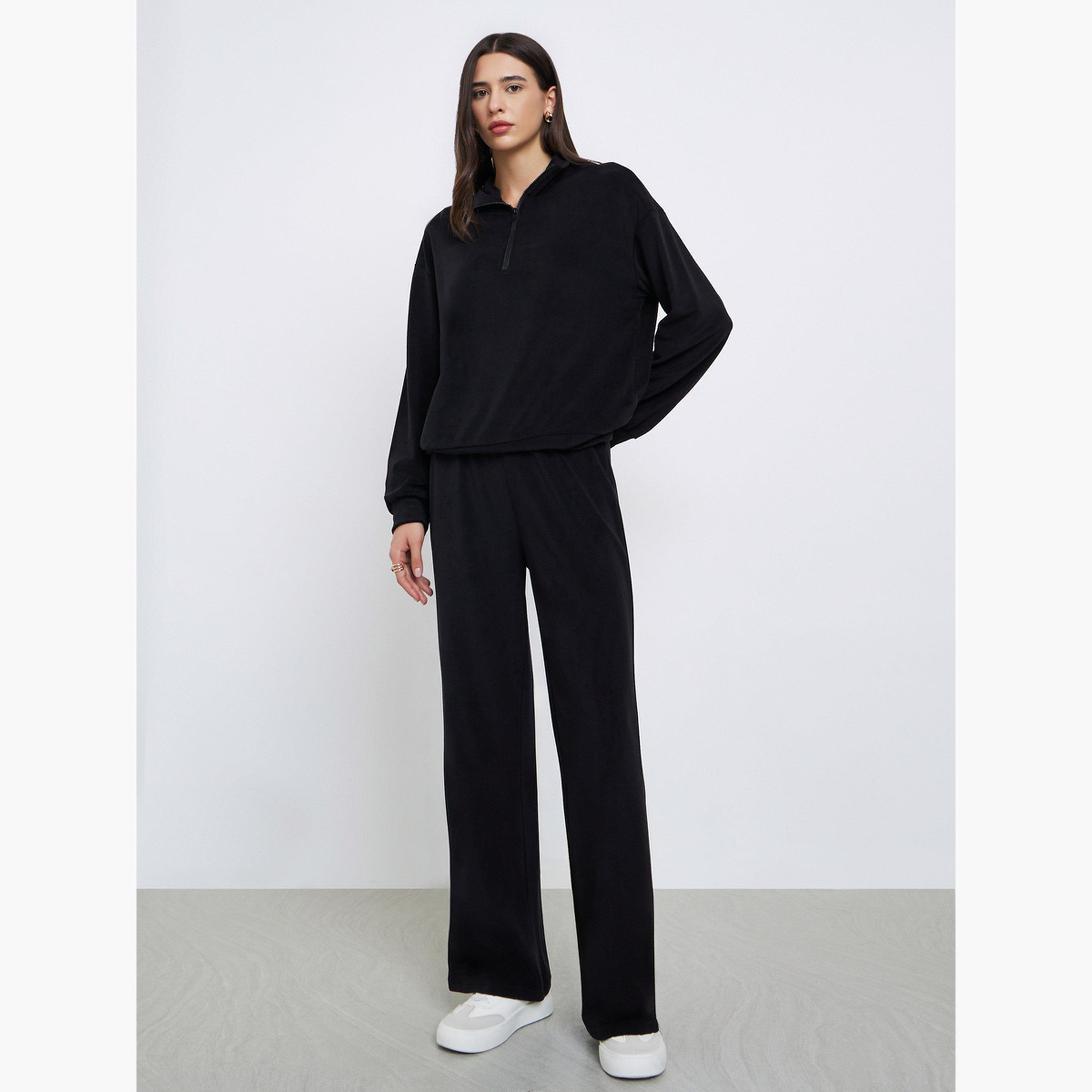 ستايلي - طقم سويت شيرت وبنطال رياضي من الصوف الأسود للنساء-women-clothing-coordsets-image-1