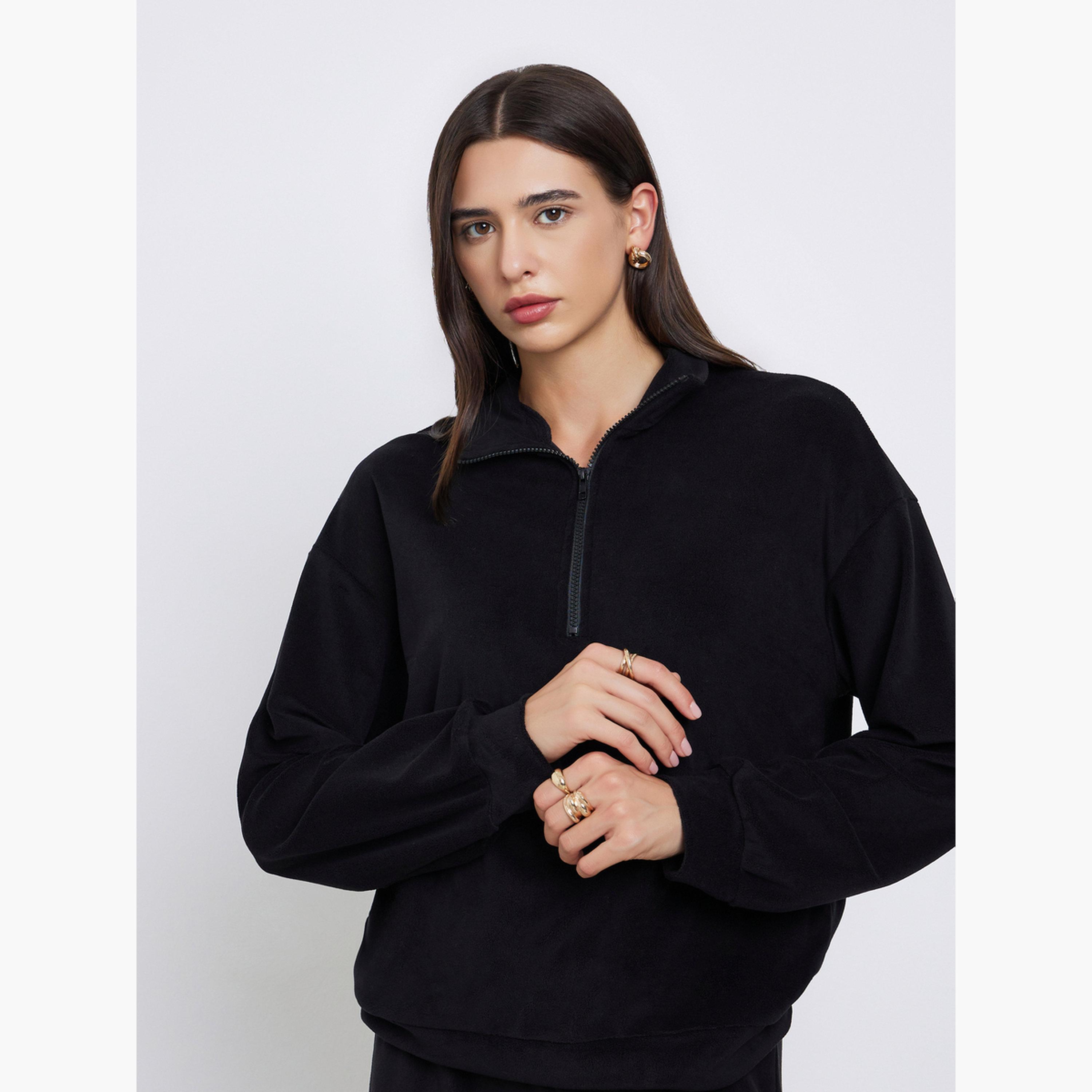 ستايلي - طقم سويت شيرت وبنطال رياضي من الصوف الأسود للنساء-women-clothing-coordsets-image-3