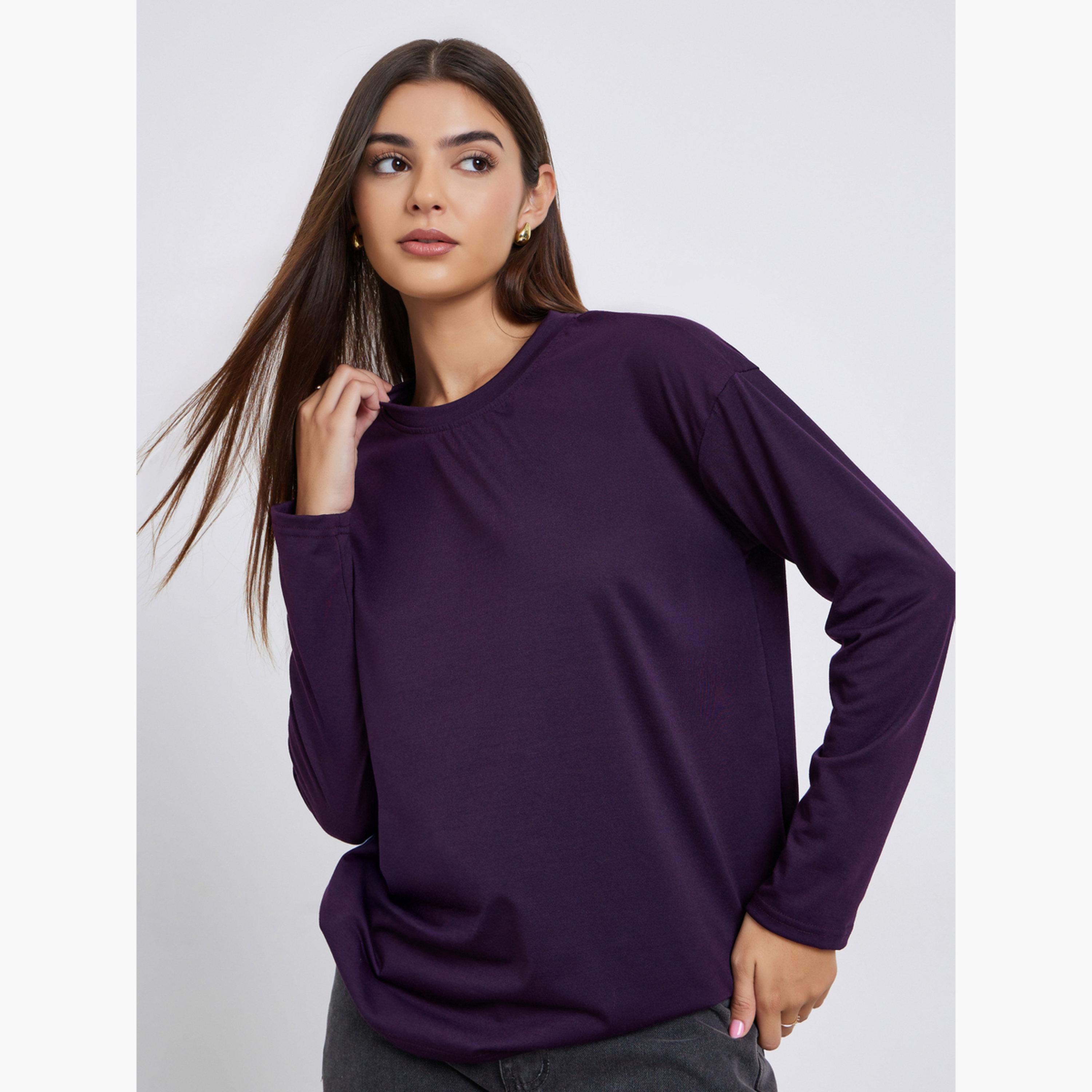 ستايلي - تي شيرت أرجواني سادة بأكمام منسدلة وتصميم واسع للنساء-women-clothing-tshirts-image-1