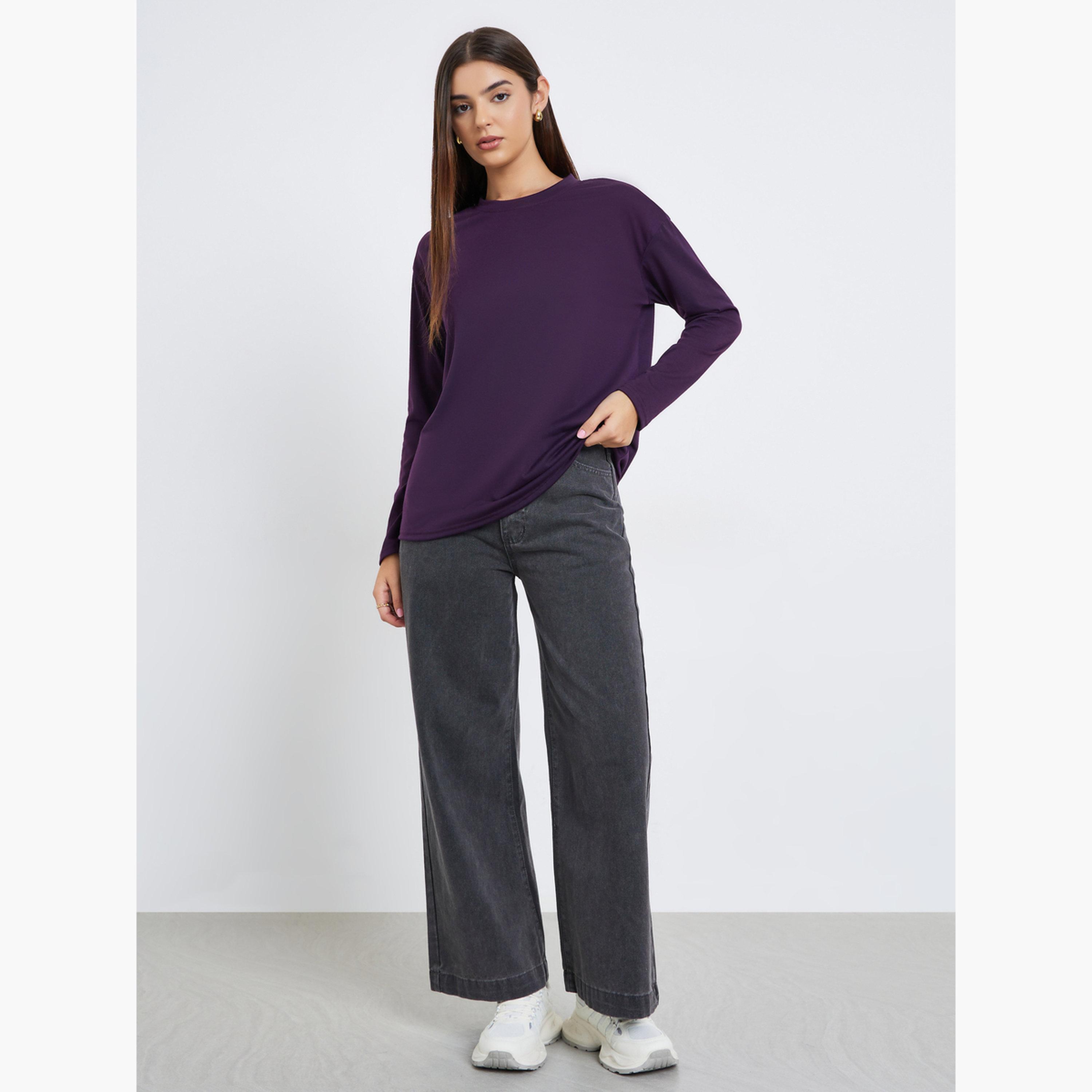 ستايلي - تي شيرت أرجواني سادة بأكمام منسدلة وتصميم واسع للنساء-women-clothing-tshirts-image-2