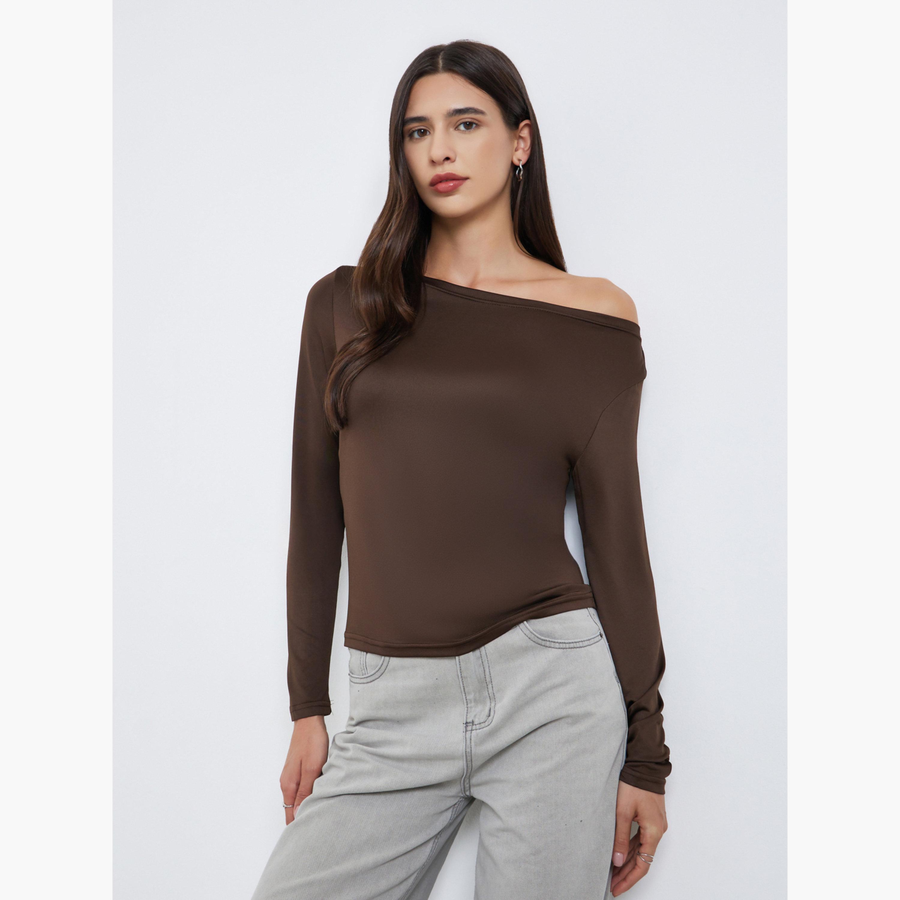 Styli Women Brown Asymmetric Neck Slim Fit T-Shirt-women-clothing-tshirts-image-1
