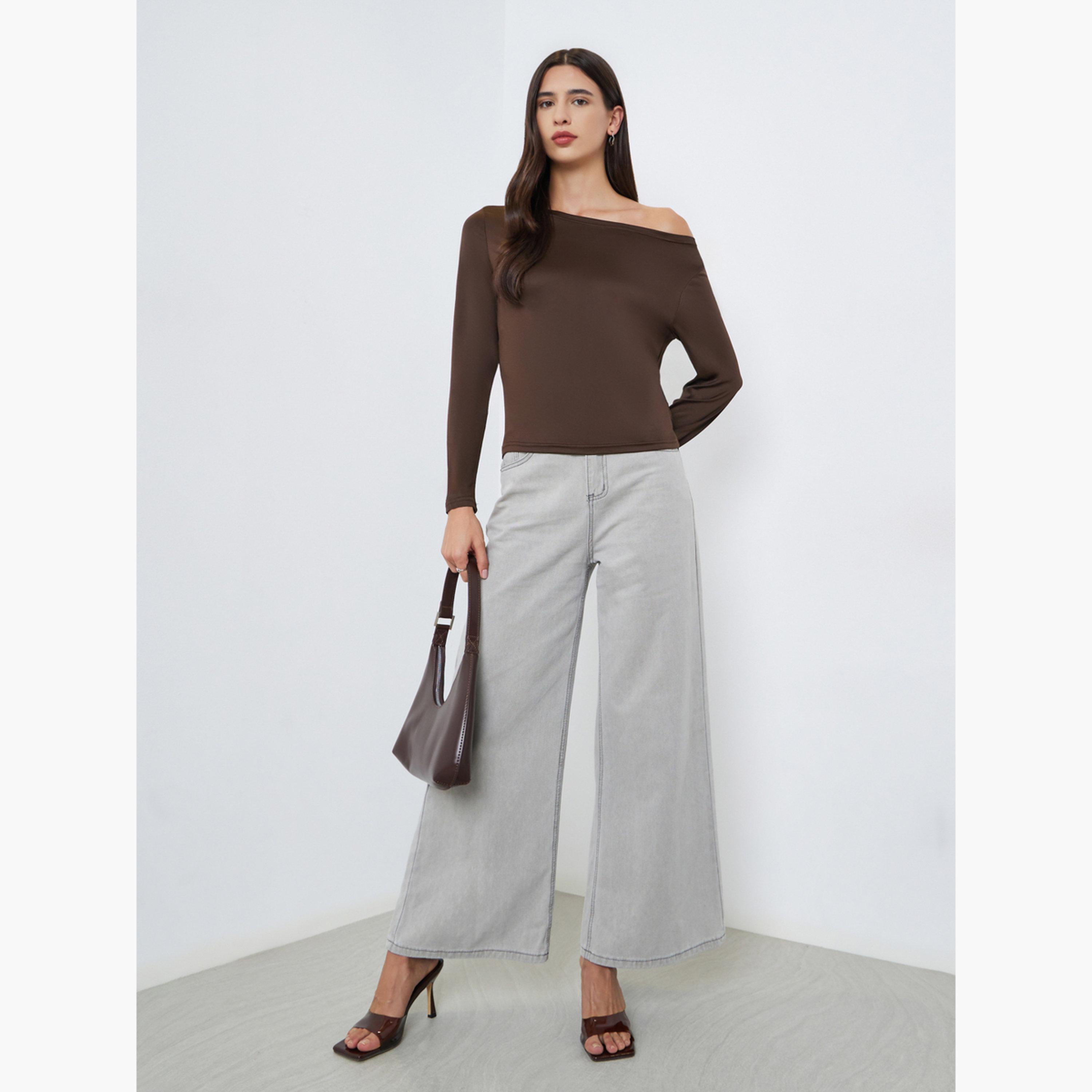 Styli Women Brown Asymmetric Neck Slim Fit T-Shirt-women-clothing-tshirts-image-2