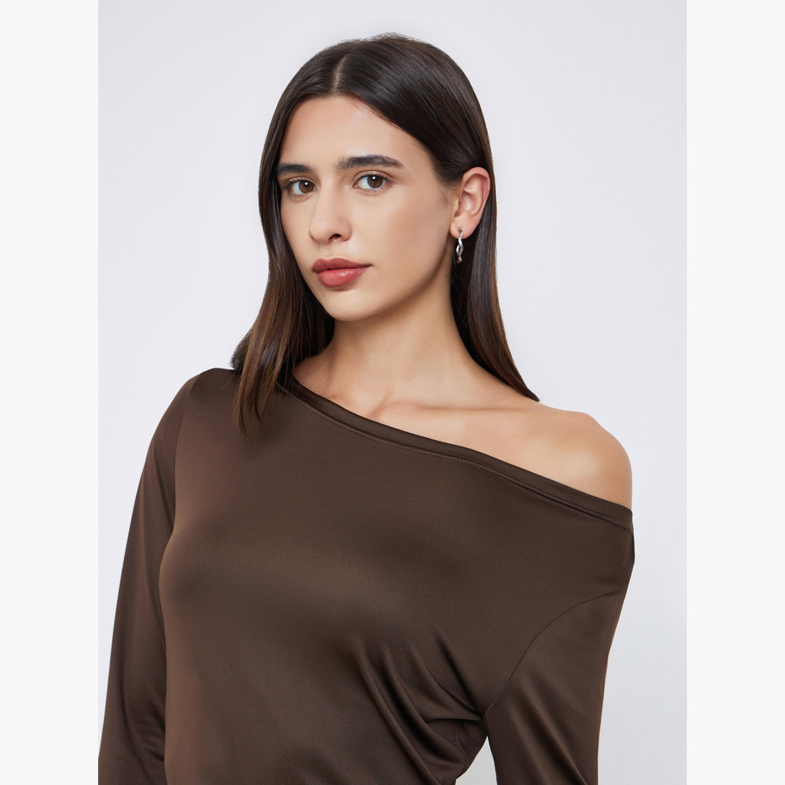 Styli Women Brown Asymmetric Neck Slim Fit T-Shirt-women-clothing-tshirts-image-3