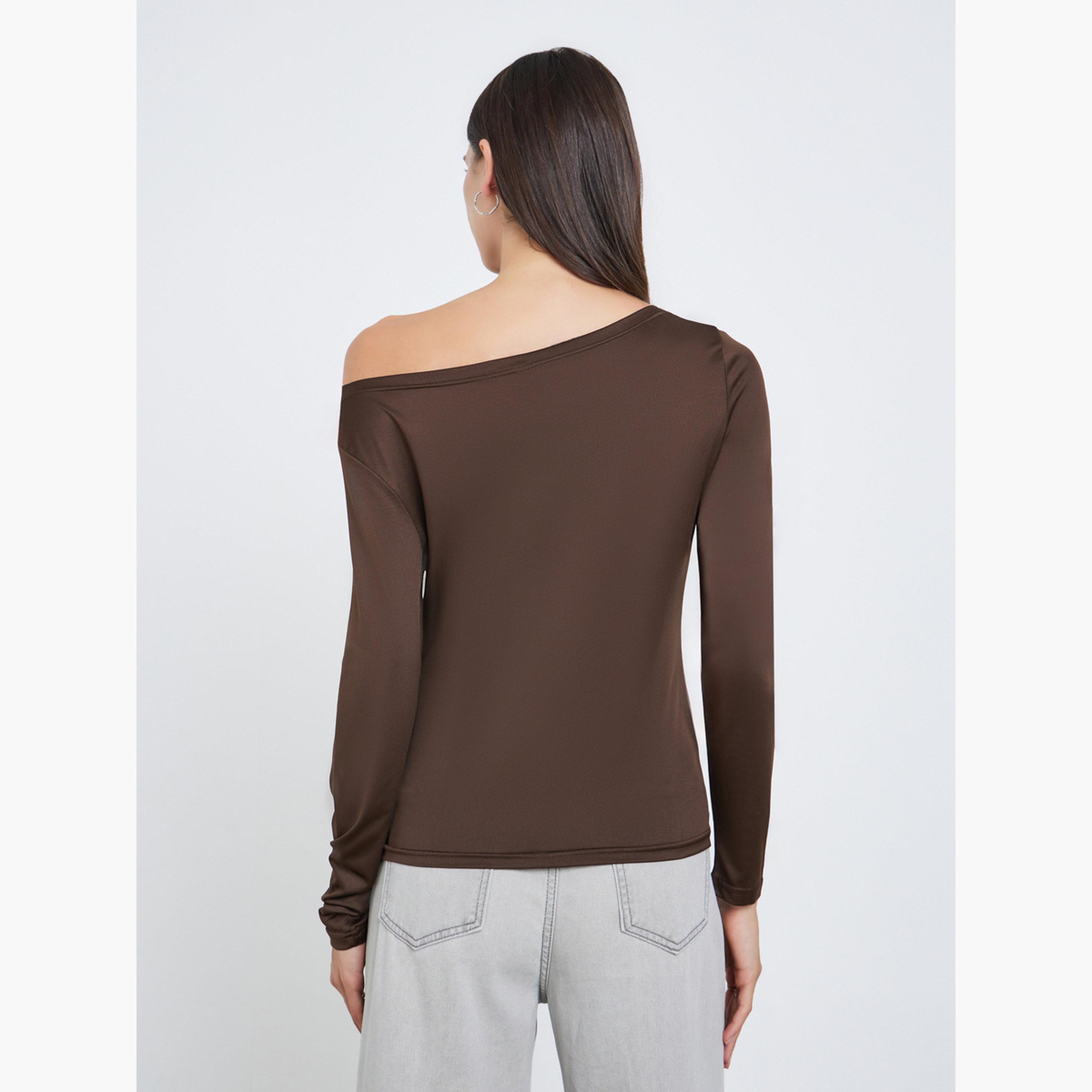 Styli Women Brown Asymmetric Neck Slim Fit T-Shirt-women-clothing-tshirts-image-4