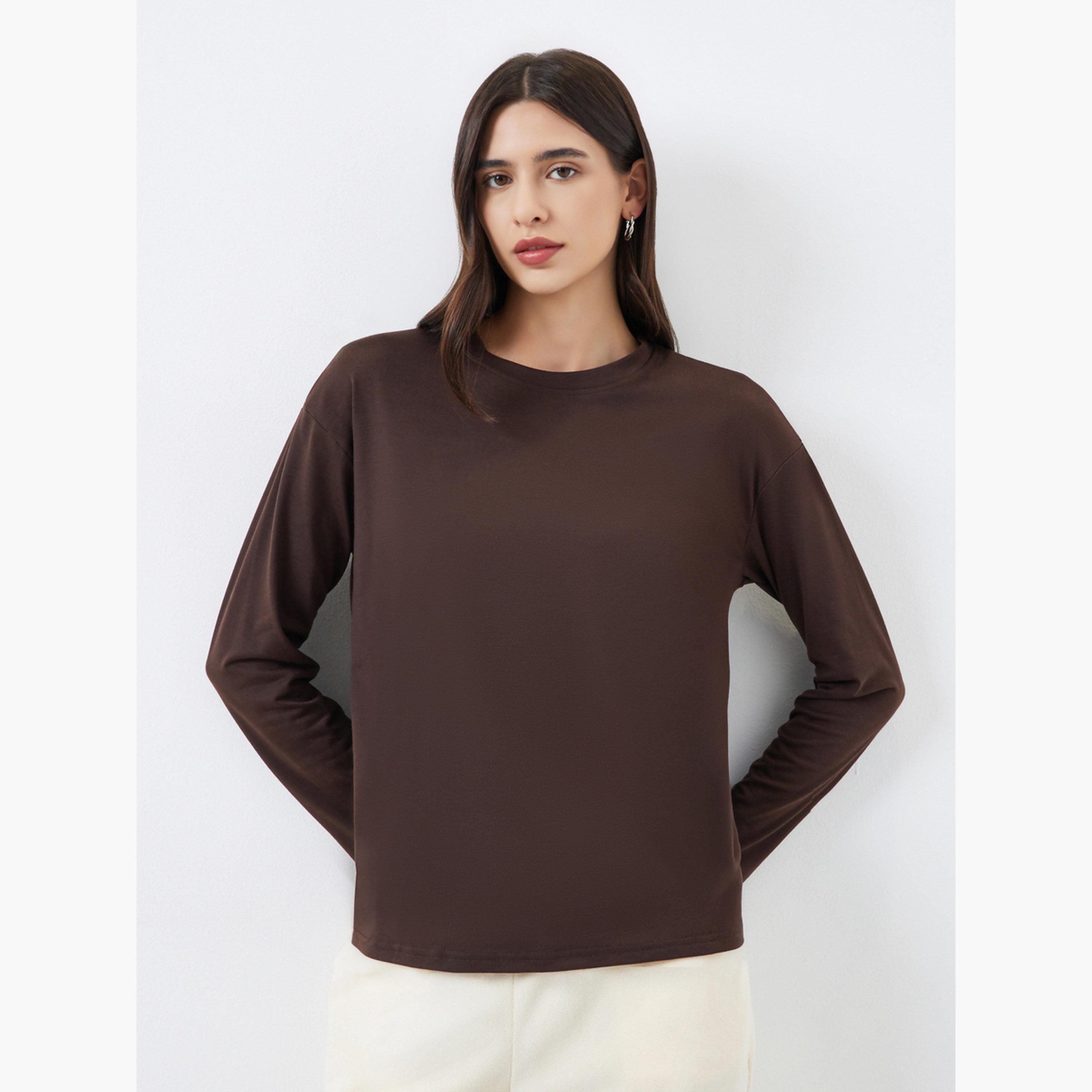 Styli Women Brown Boxy Long Sleeve T-Shirt-women-clothing-tshirts-image-1
