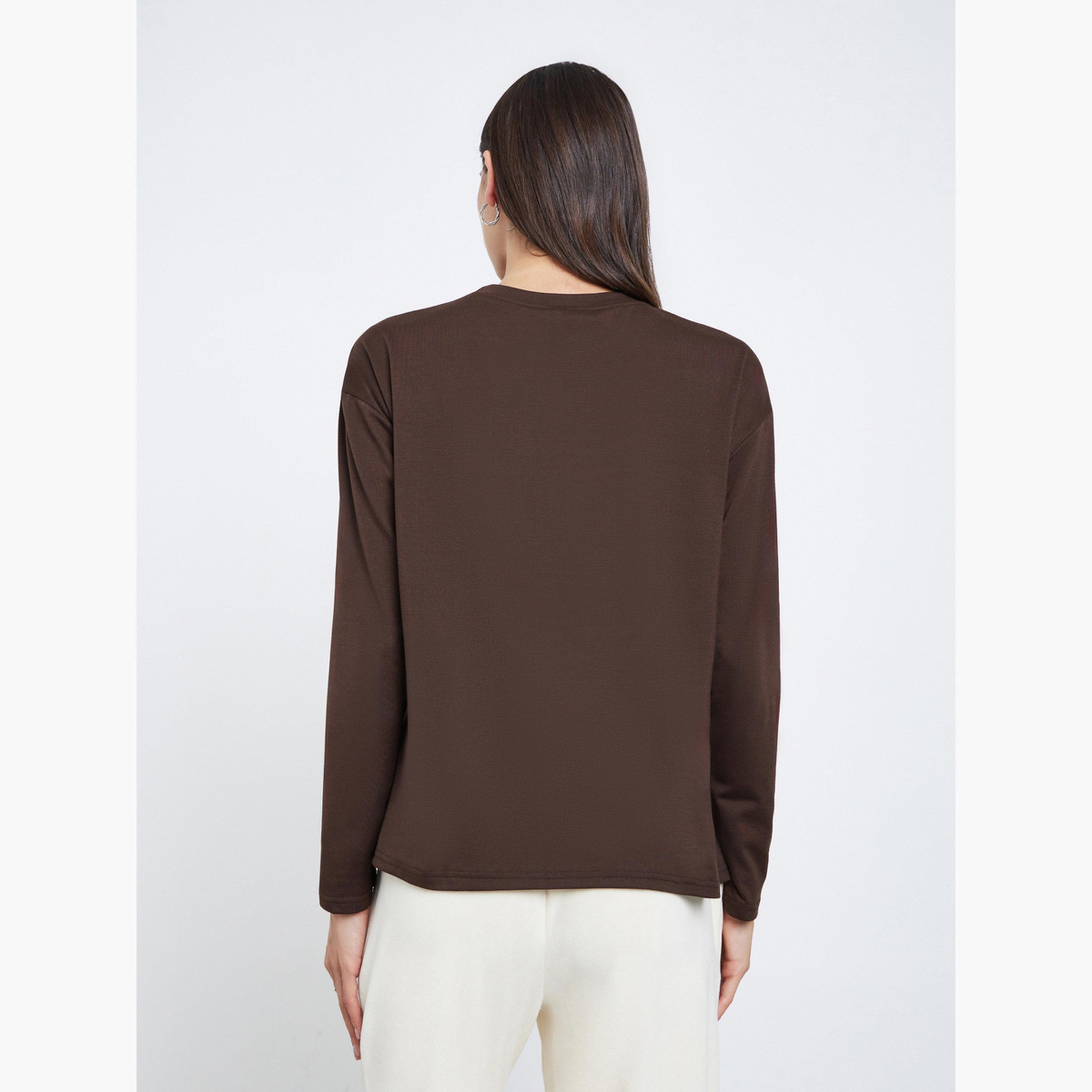 ستايلي - تي شيرت بني مربع بأكمام طويلة للنساء-women-clothing-tshirts-image-4