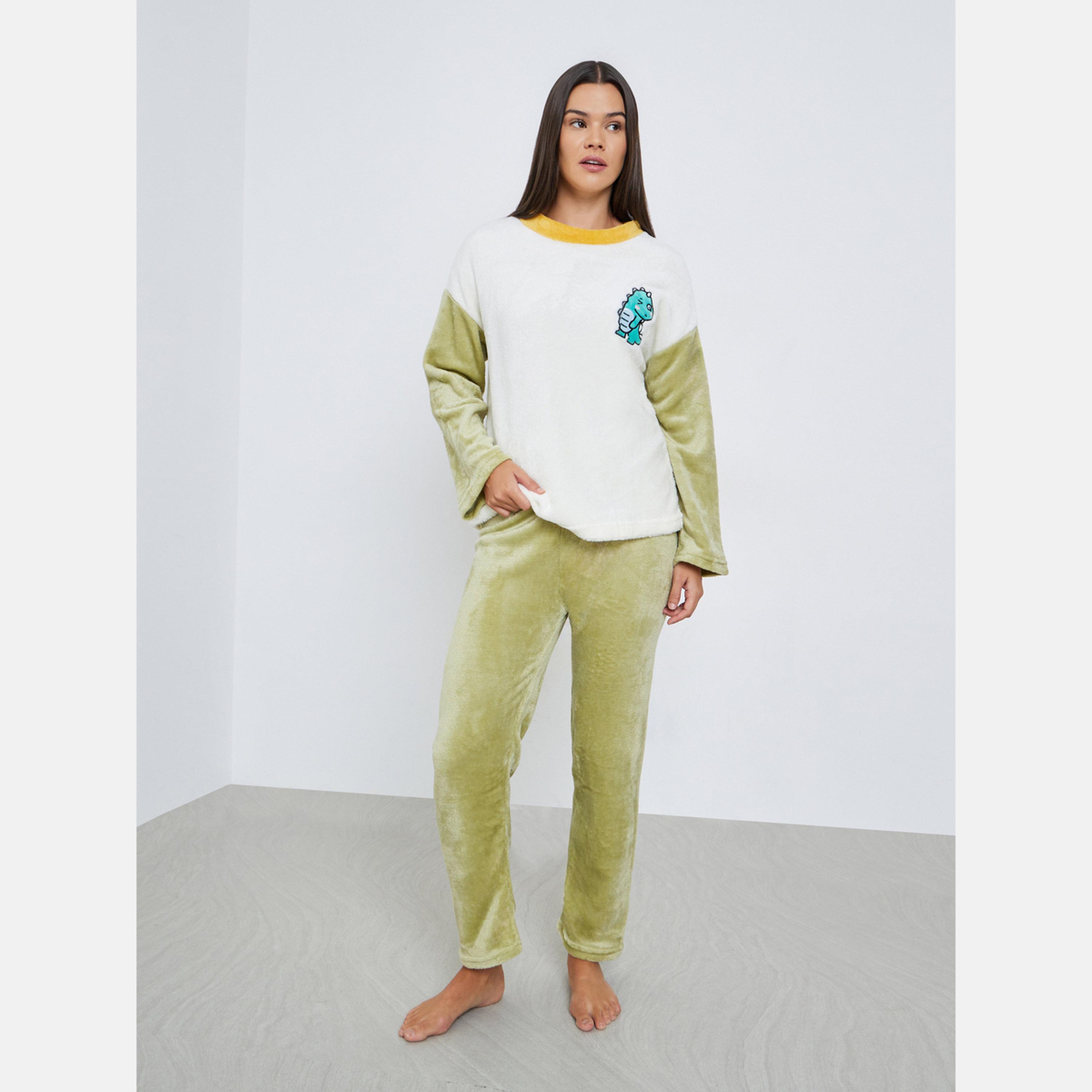 Styli Dinosaur Patch Fleece T-Shirt and Pyjama Set-women-clothing-nightwear-pyjamas-longsets-image-1