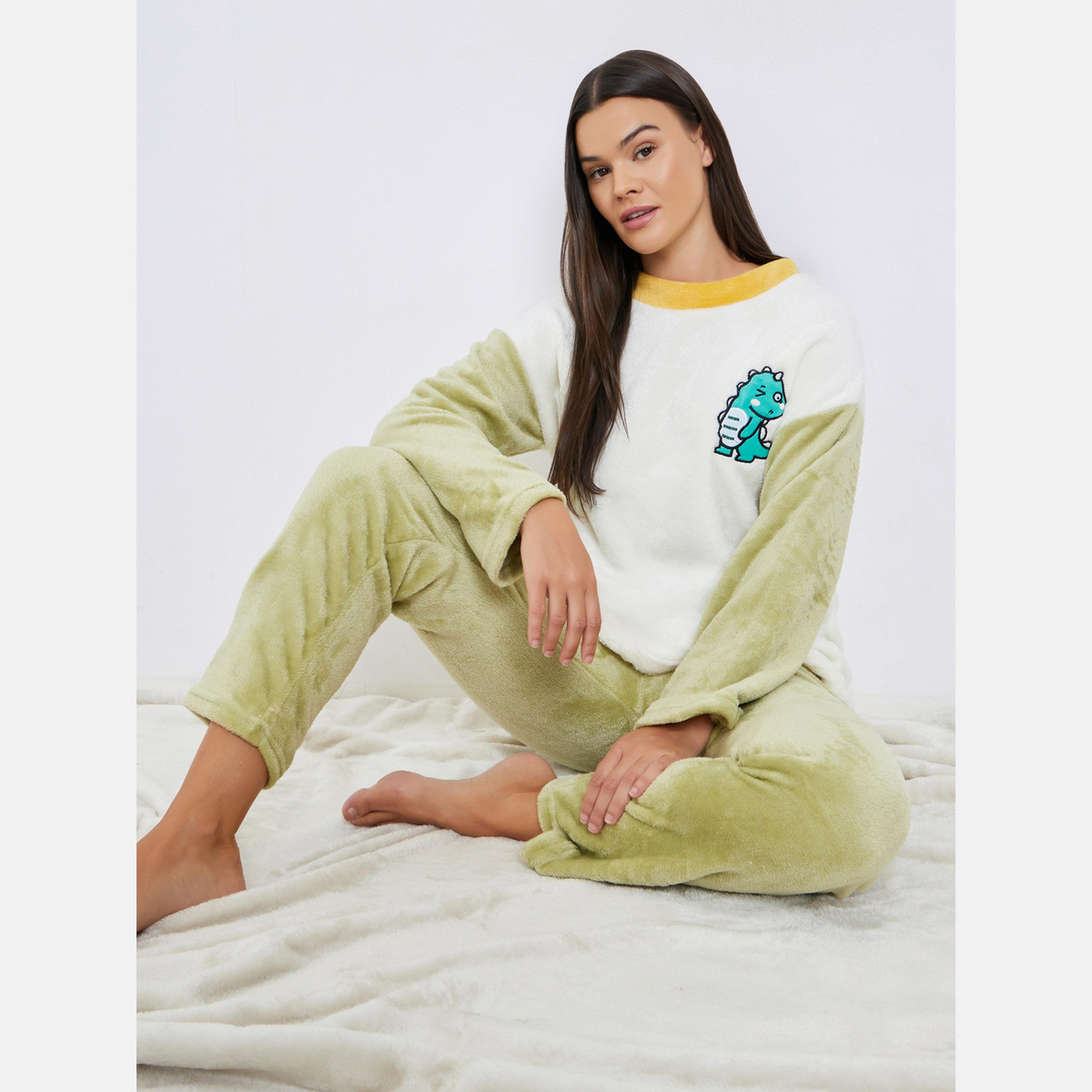 Styli Dinosaur Patch Fleece T-Shirt and Pyjama Set-women-clothing-nightwear-pyjamas-longsets-image-2
