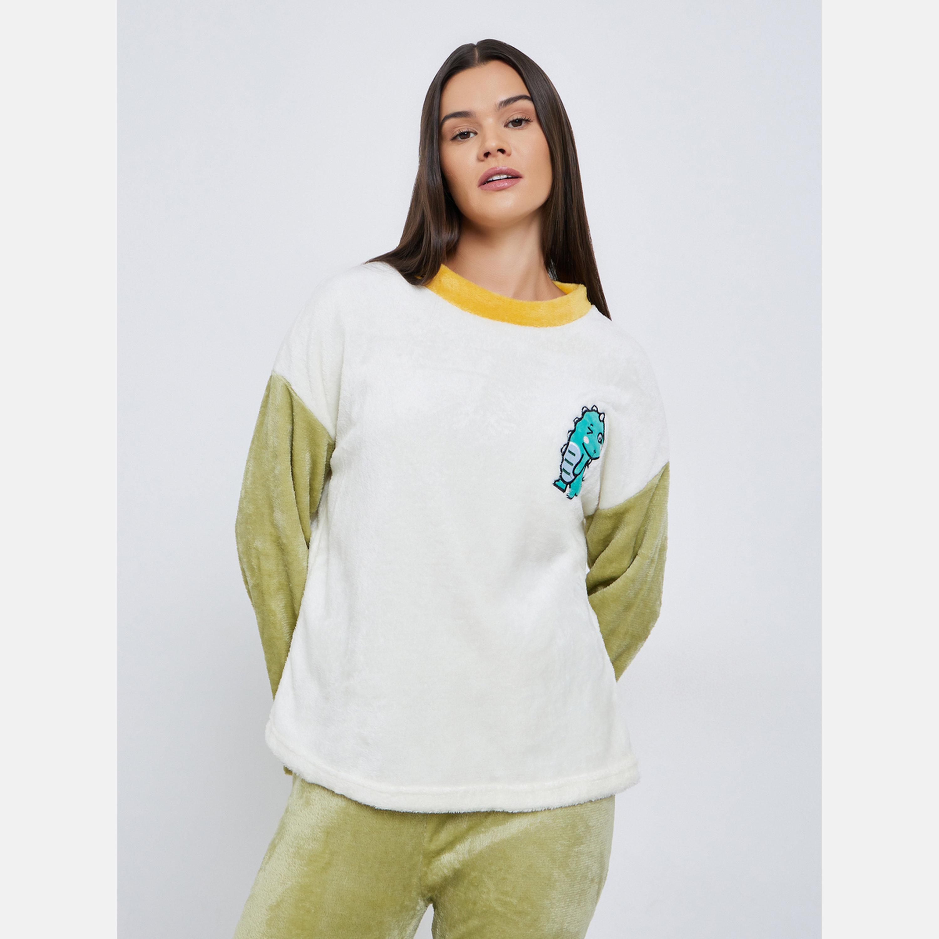 Styli Dinosaur Patch Fleece T-Shirt and Pyjama Set-women-clothing-nightwear-pyjamas-longsets-image-3