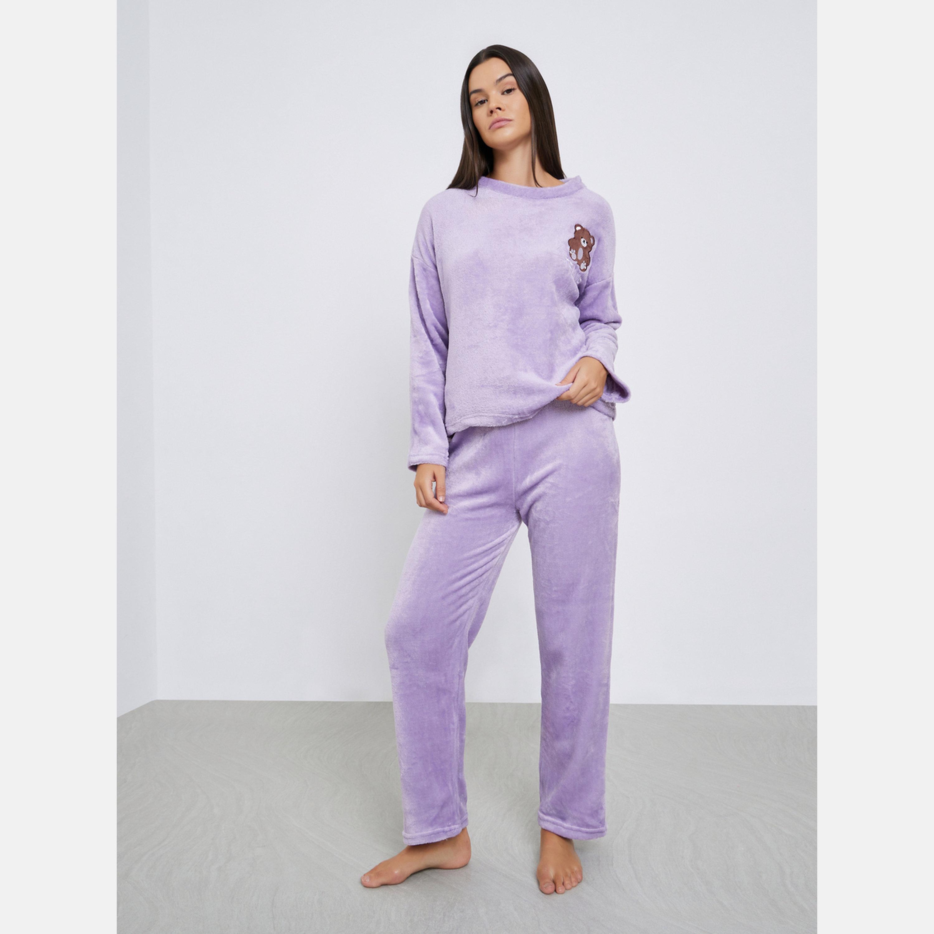 Styli Bear Patch Fleece T-Shirt and Pyjama Set-women-clothing-nightwear-pyjamas-longsets-image-1