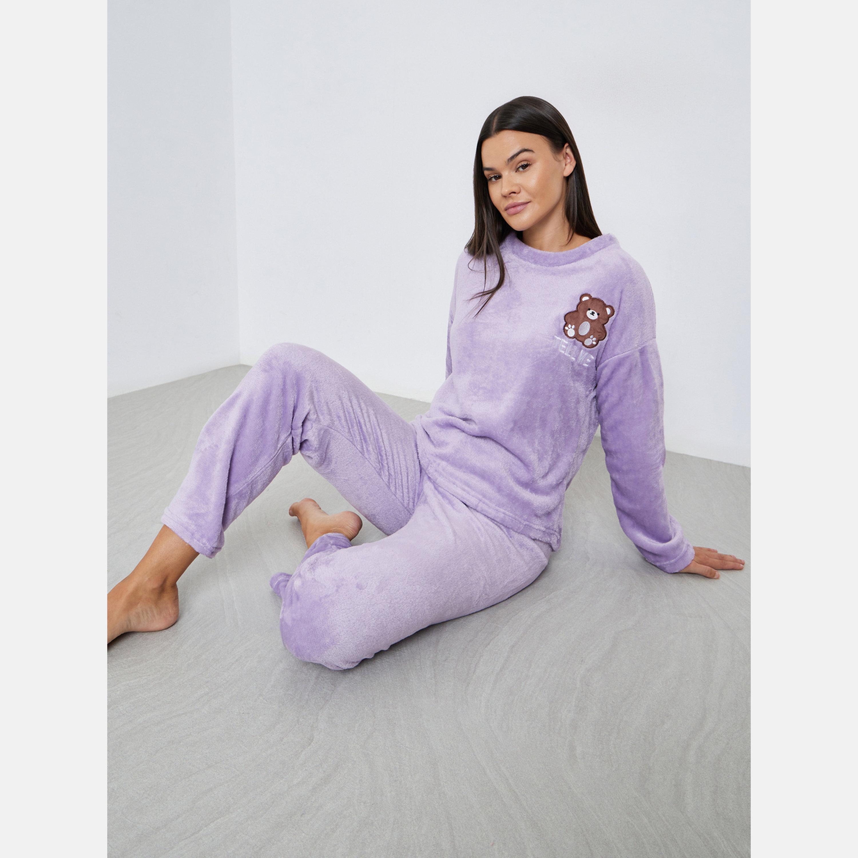 Styli Bear Patch Fleece T-Shirt and Pyjama Set-women-clothing-nightwear-pyjamas-longsets-image-2