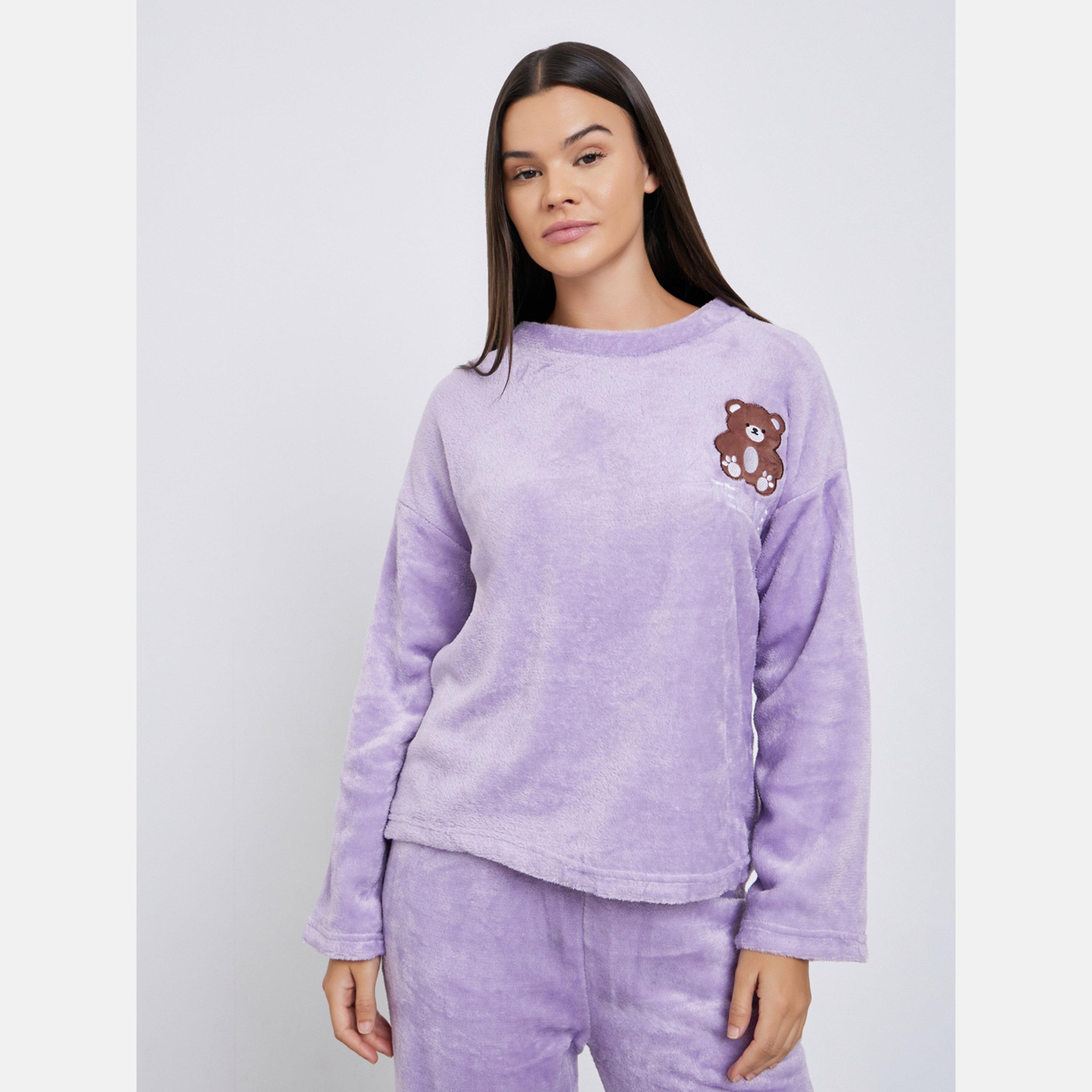 Styli Bear Patch Fleece T-Shirt and Pyjama Set-women-clothing-nightwear-pyjamas-longsets-image-3