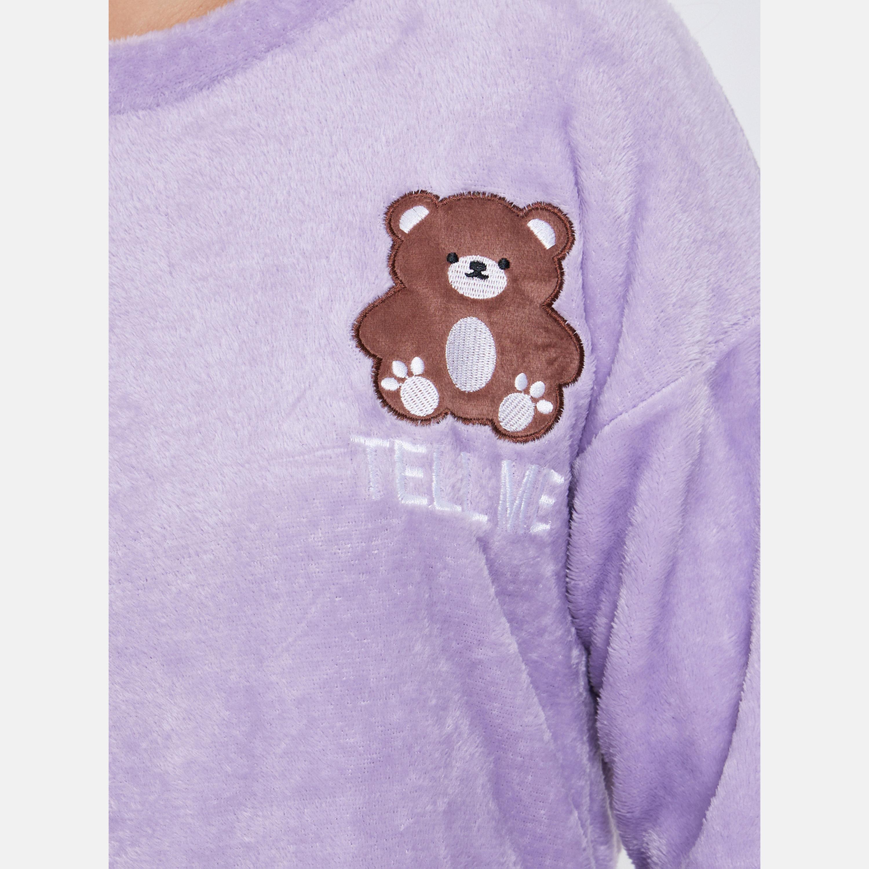 Styli Bear Patch Fleece T-Shirt and Pyjama Set-women-clothing-nightwear-pyjamas-longsets-image-4