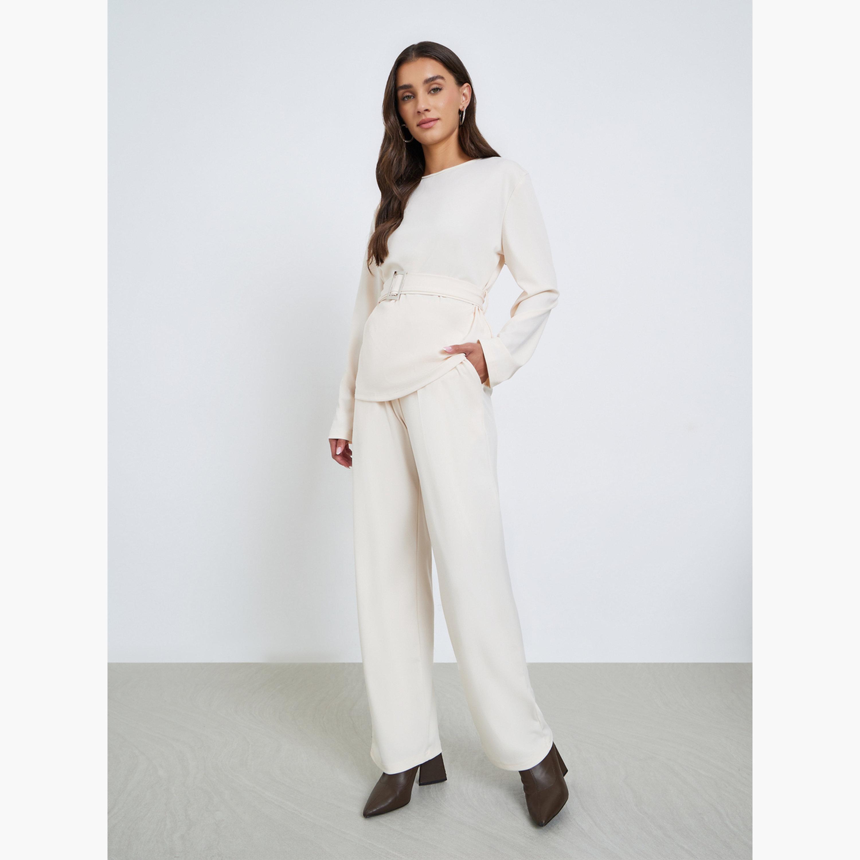 Styli Solid Belted Top and Wide Leg Trousers Co-ords-women-clothing-coordsets-image-1