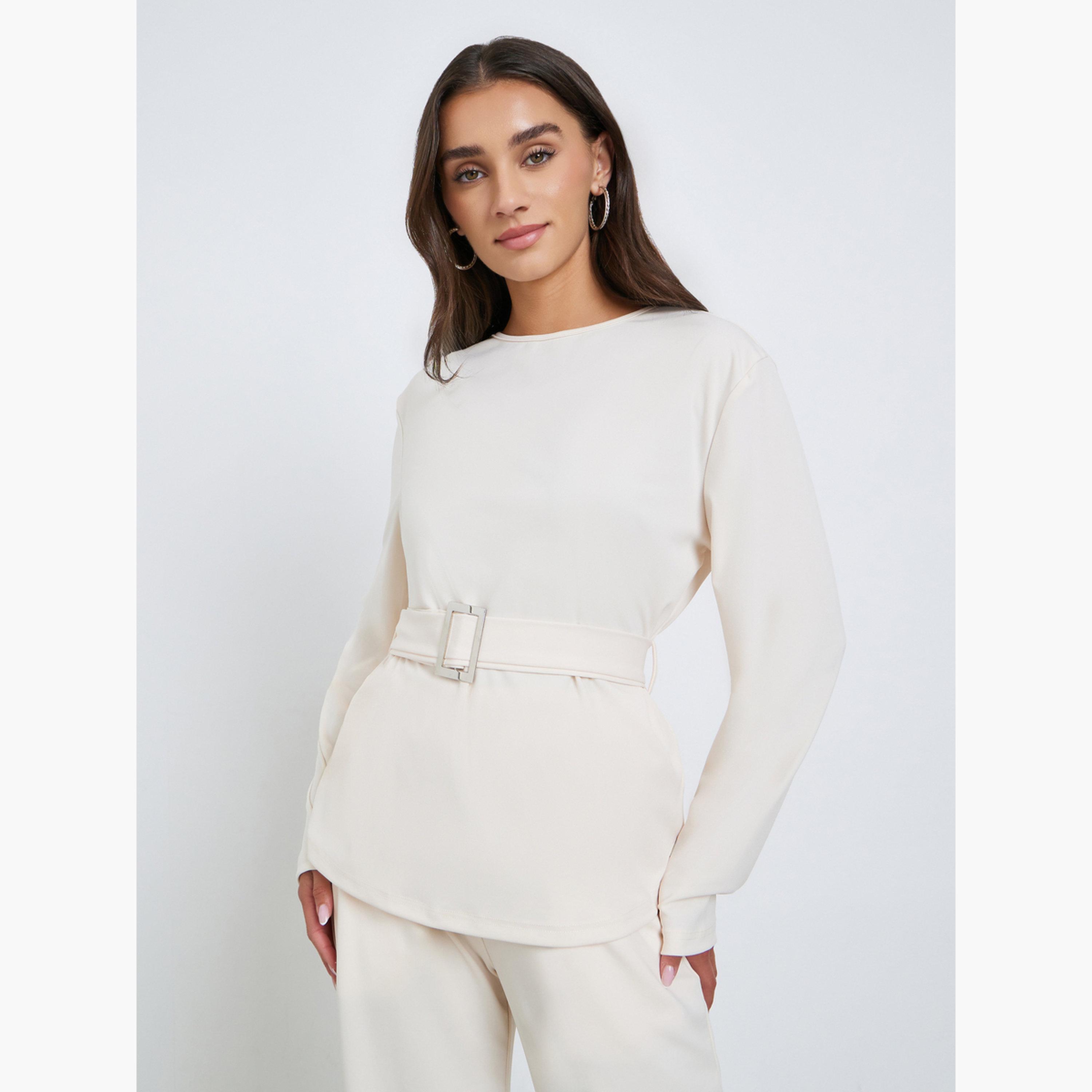 Styli Solid Belted Top and Wide Leg Trousers Co-ords-women-clothing-coordsets-image-2