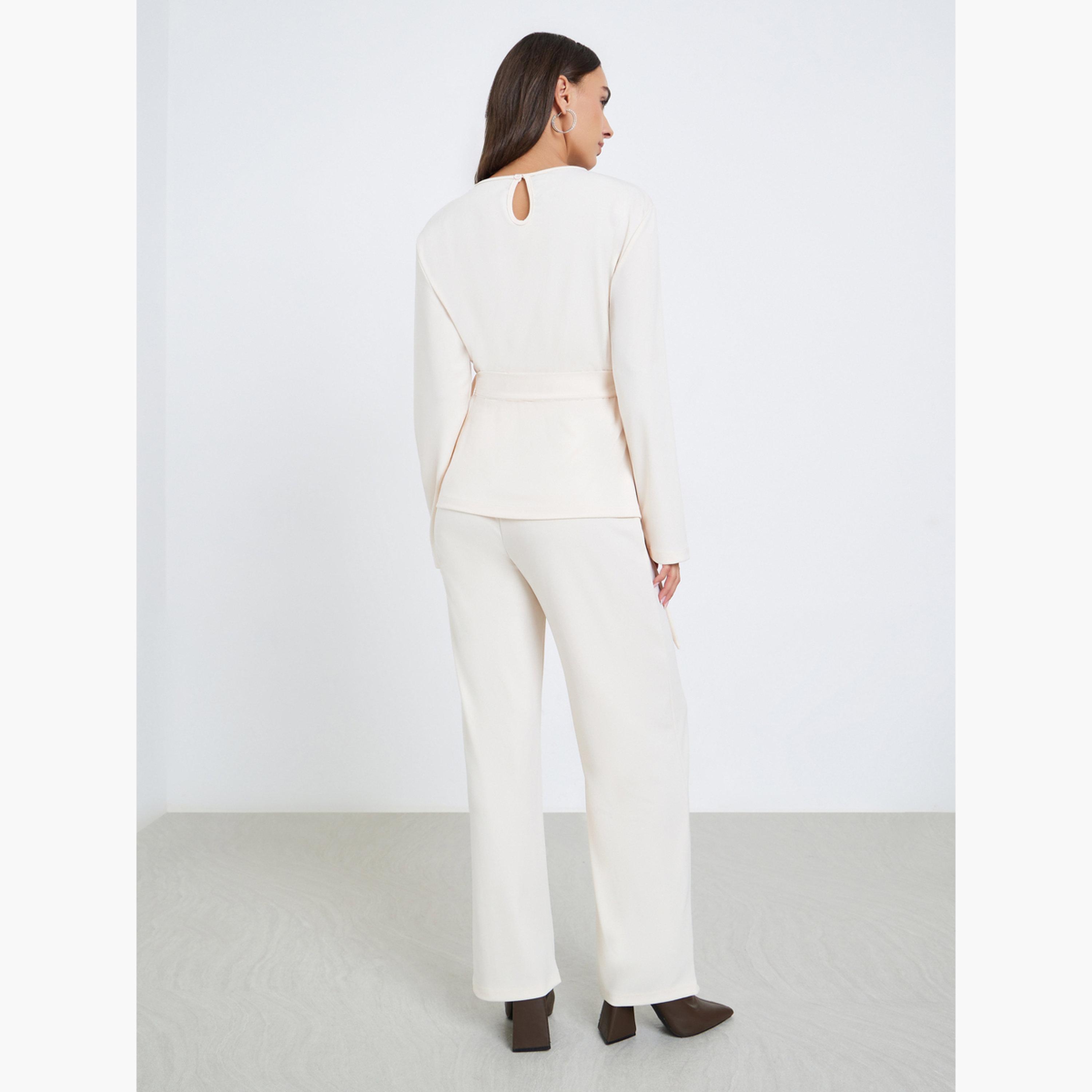 ستايلي - طقم قميص بحزام سادة مع بنطال واسع الساق-women-clothing-coordsets-image-3