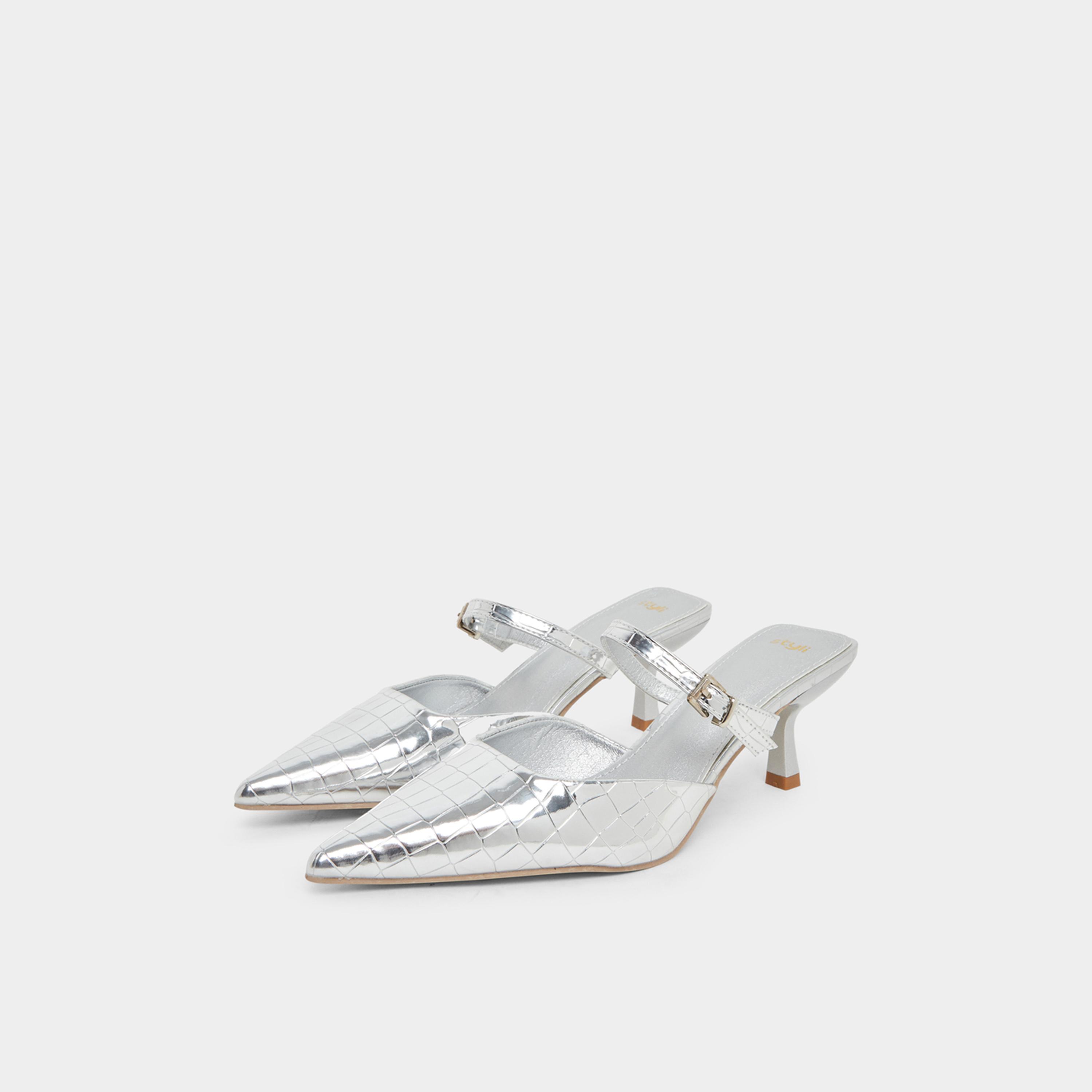 Styli Womens Silver Embossed Pointed Toe Mules-women-shoes-sandals-heeled-image-1