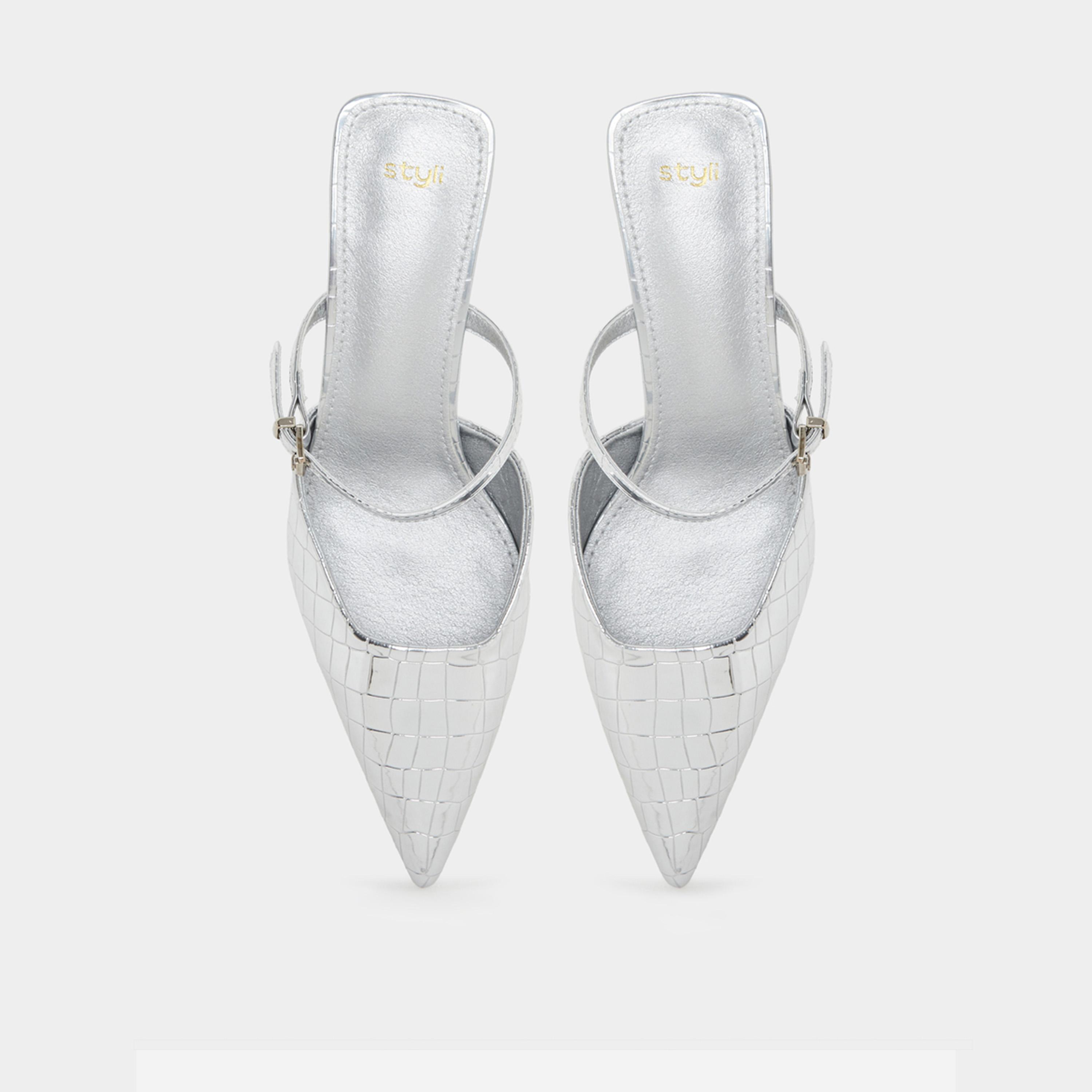 ستايلي - حذاء نسائي مفتوح من الأمام منقوش لون الفضي-women-shoes-sandals-heeled-image-3