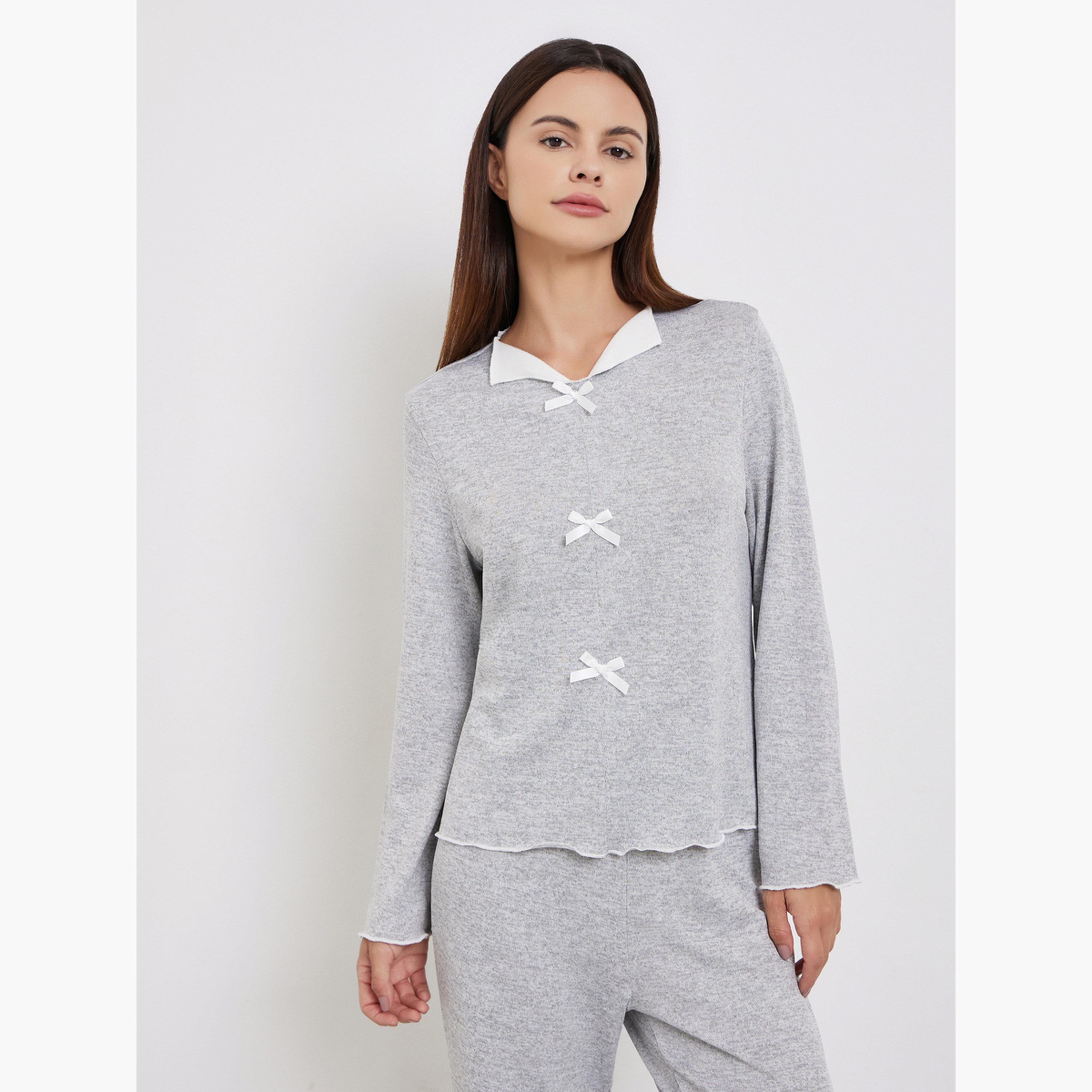 Styli Women Grey Texture Bow Detail T-Shirt and Pyjama Set-women-clothing-nightwear-pyjamas-longsets-image-2