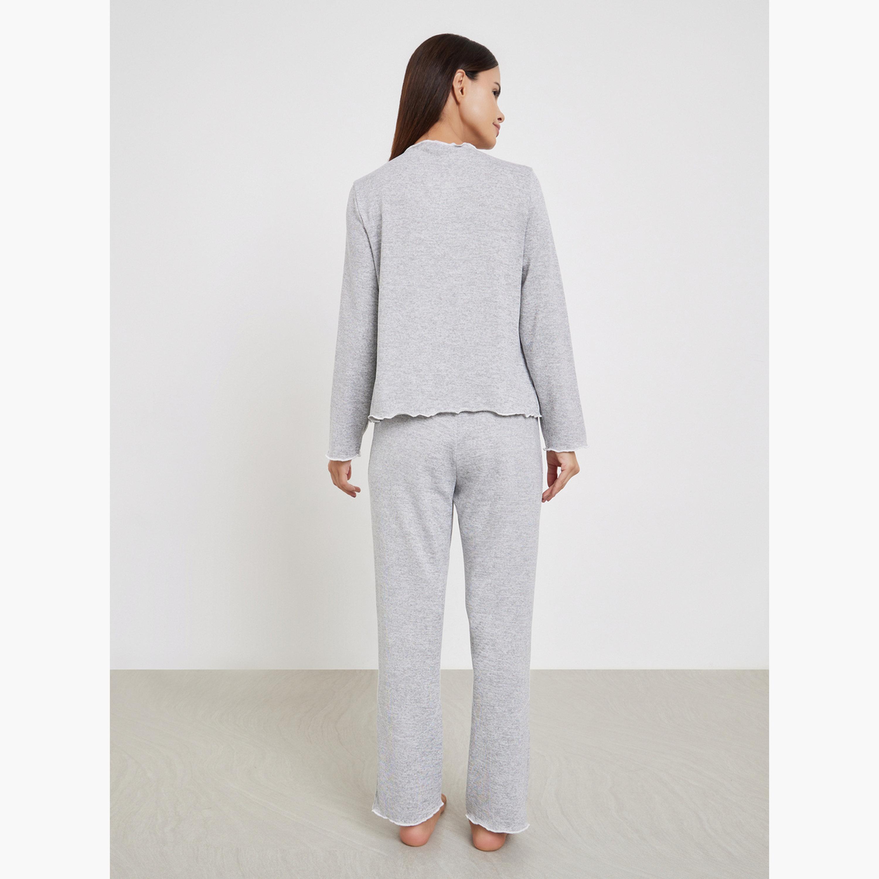Styli Women Grey Texture Bow Detail T-Shirt and Pyjama Set-women-clothing-nightwear-pyjamas-longsets-image-3