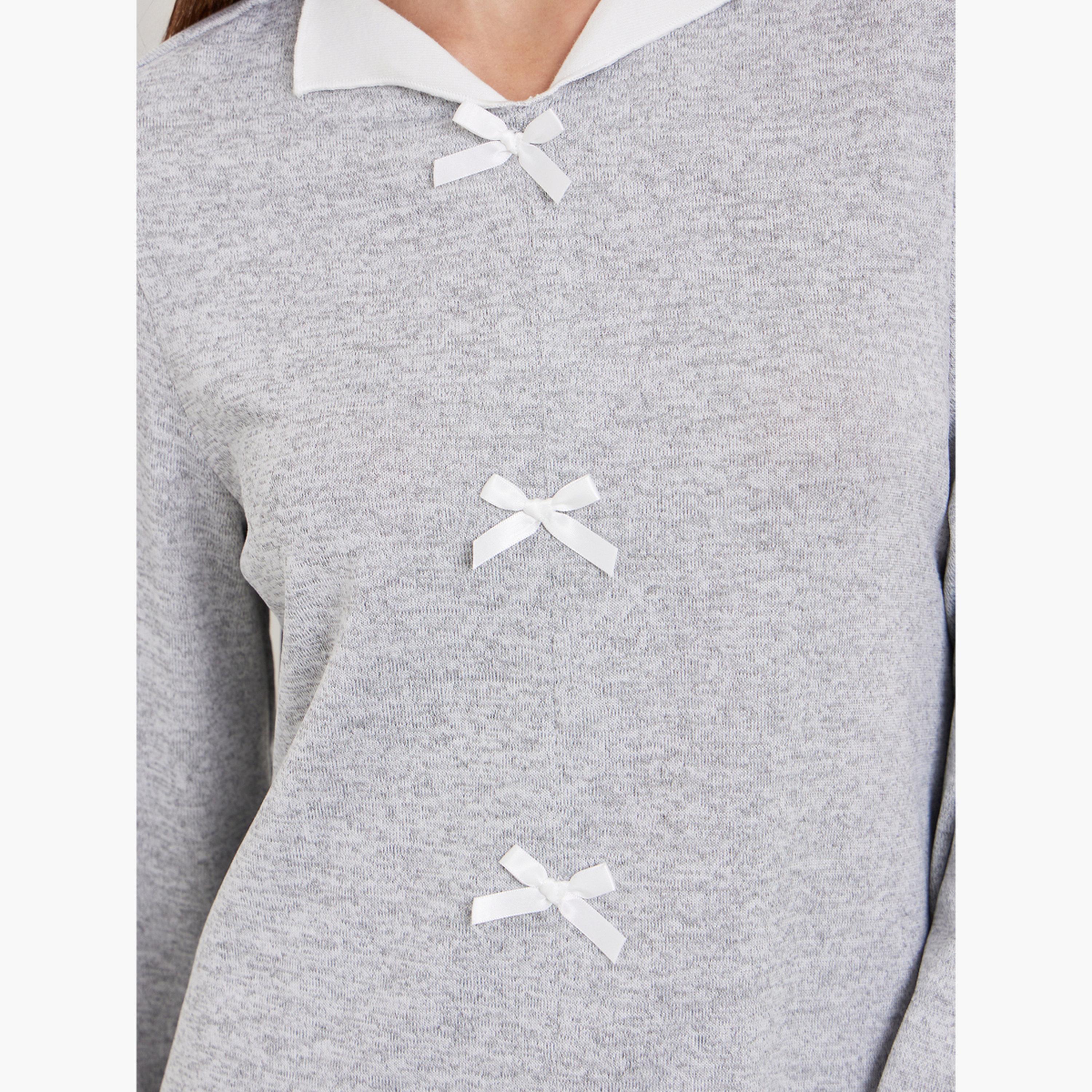 Styli Women Grey Texture Bow Detail T-Shirt and Pyjama Set-women-clothing-nightwear-pyjamas-longsets-image-5